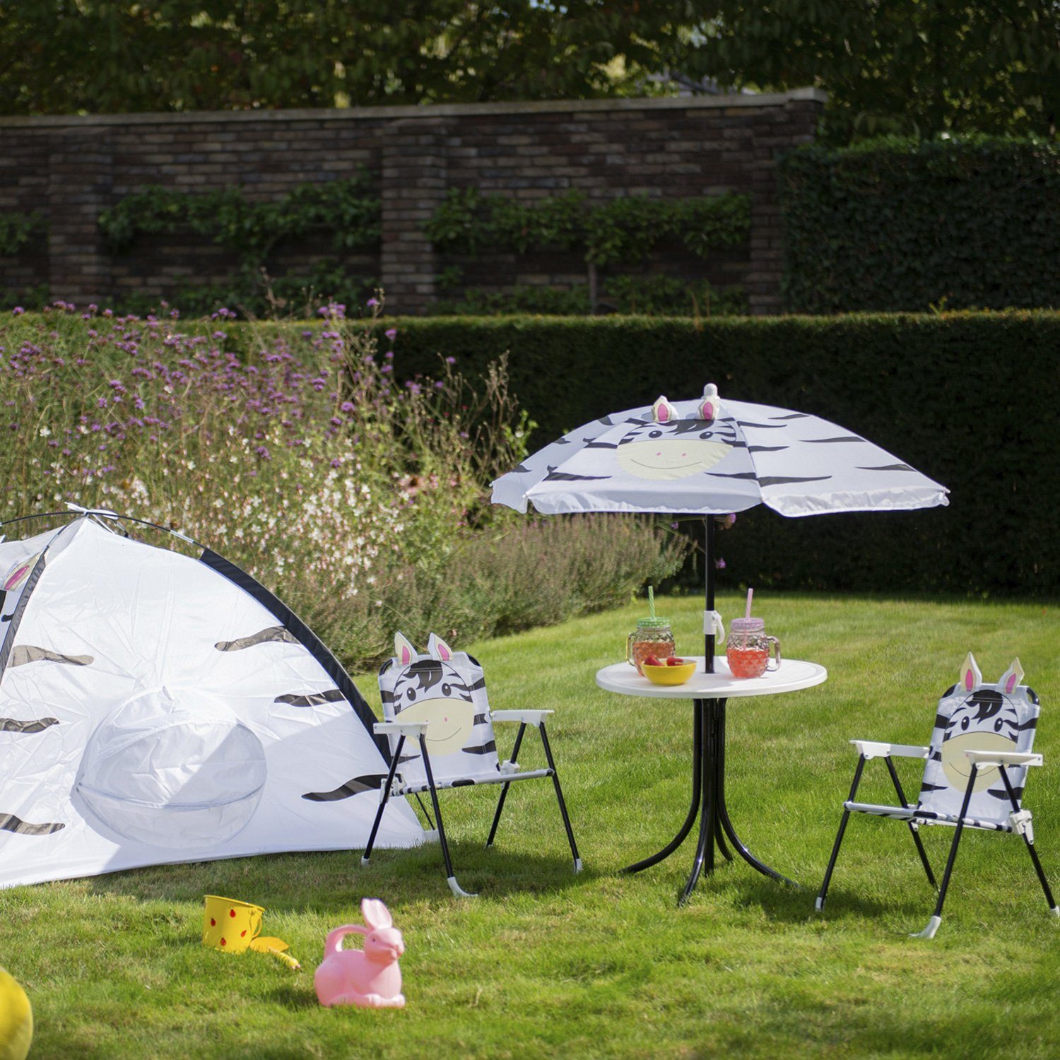 MARELIDA Kindersitzgruppe Zebra MORTY 2 Stühle Tisch Sonnenschirm Gartenmöbel für Camping 4tlg., (4-tlg)