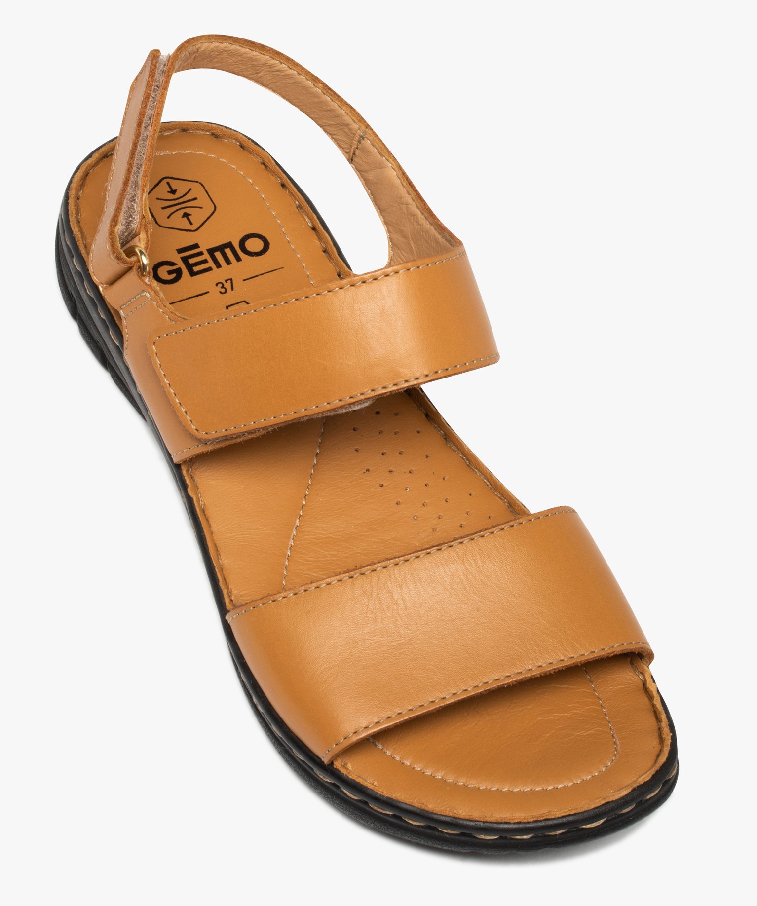 Sandales femme confort à brides scratch en cuir uni marron | GEMO