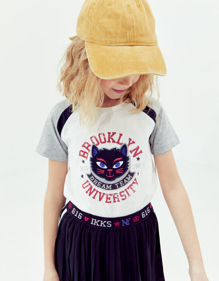 T-shirt blanc cassé coton bio visuel chat brodé fille