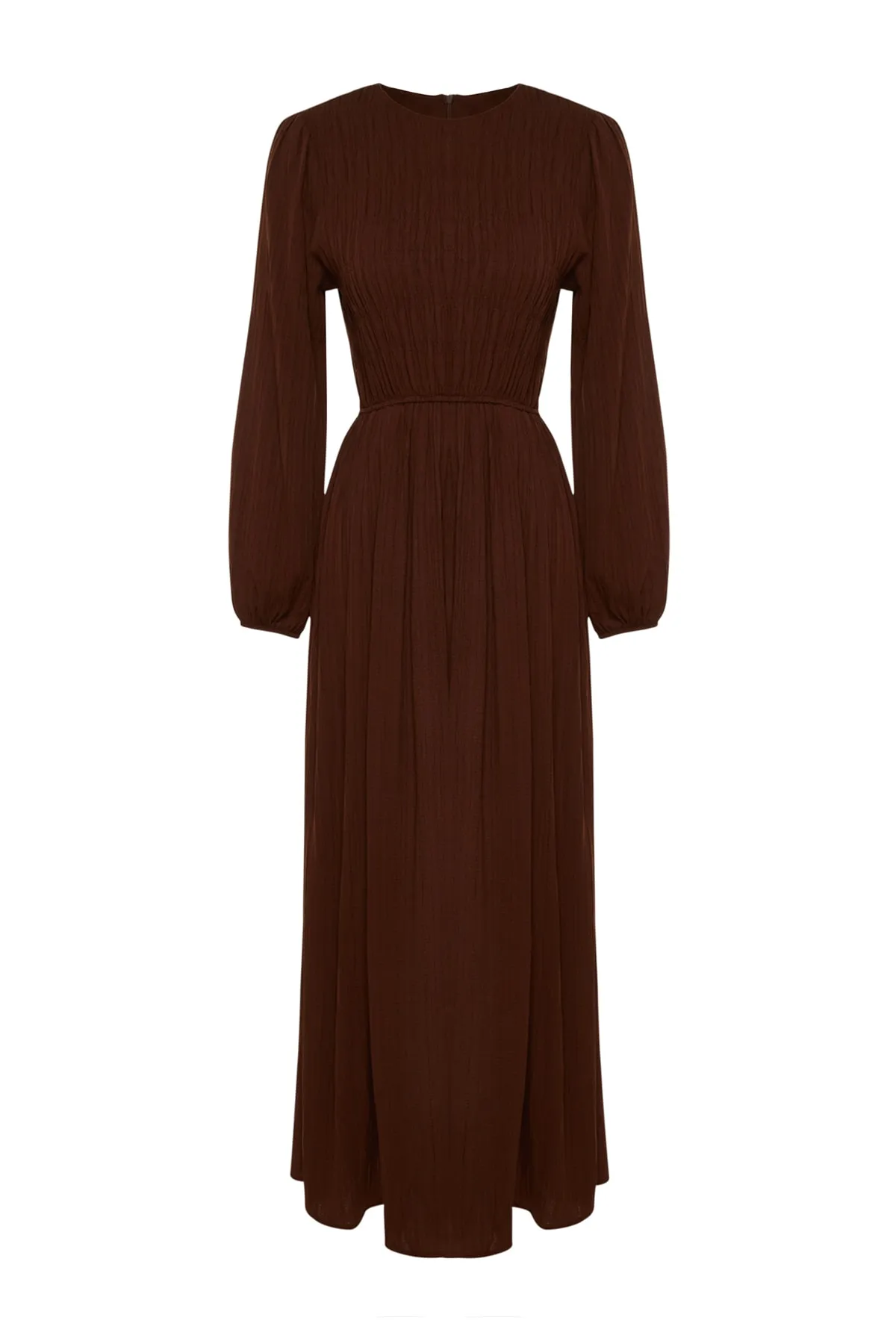 Trendyol Modest  Braunes gewebtes Kleid mit elastischer Taille und Gipe-Detail TCTSS23EB00026