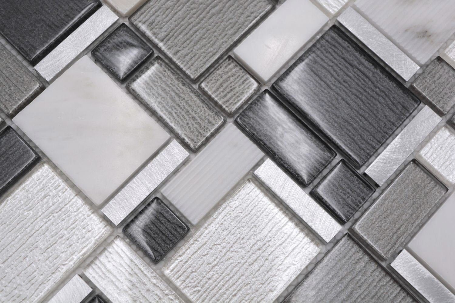 Mosani Mosaikfliesen Glasmosaik Naturstein Mosaik weiß grau glänzend / 10 Matten