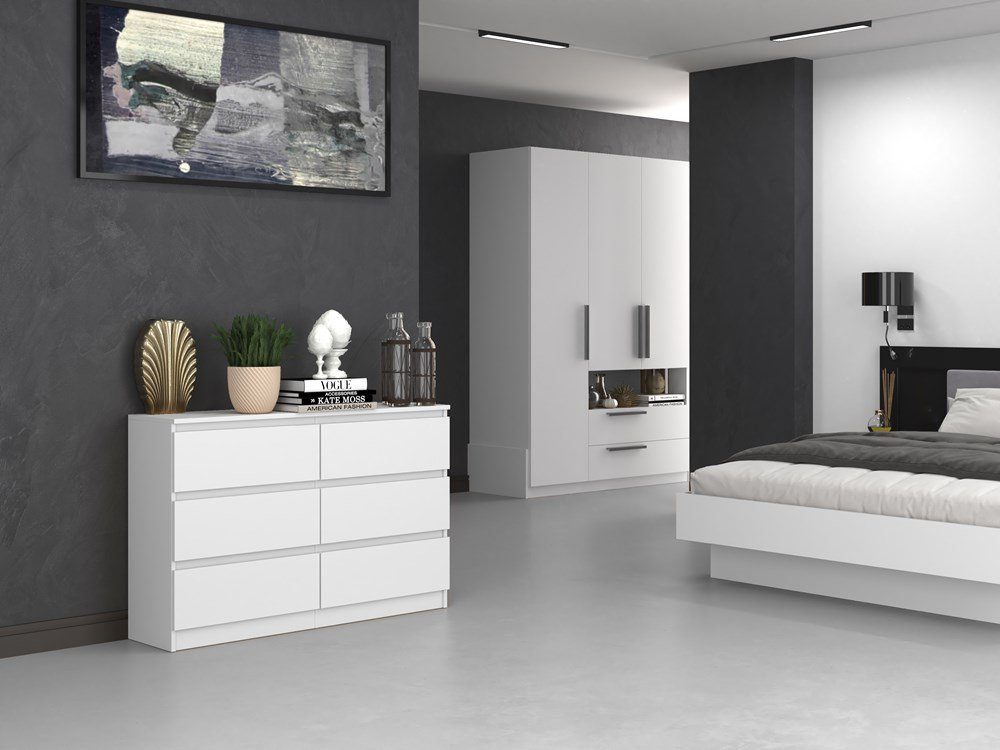 Home Collective Kommode weiß mit sechs Schubladen, Schlafzimmer Flur, Schrank, Sideboard, Highboard, Breite 120 cm Höhe 75cm