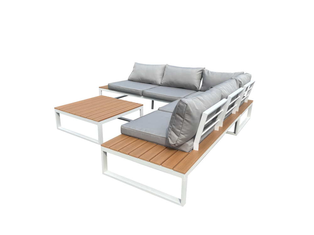 Happy Home Happy Home 14 tlg. Loungeset aus Aluminium inkl. Auflagen HGS64-HGR hellgrau mit Holzoptik