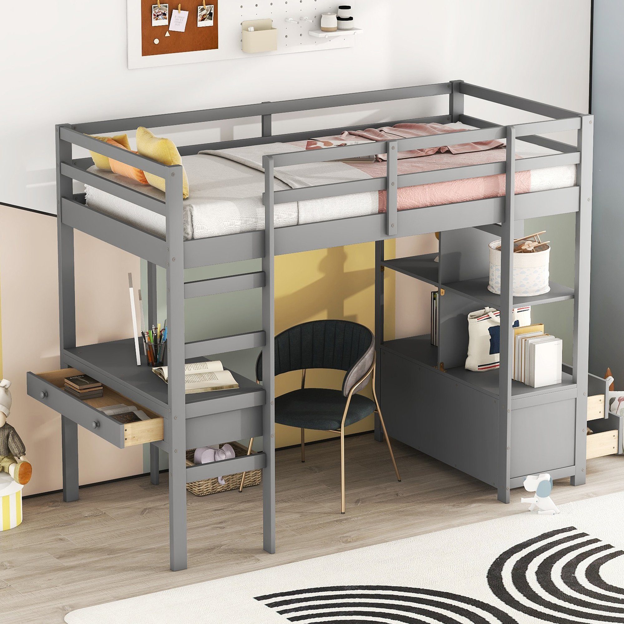 HAUSS SPLOE Etagenbett Kinderbett Hochbett Bettgestell mit Schreibtisch und Schubladen (mit Stauraumschubladen, mit Unterbettschreibtisch), 90 x200cm