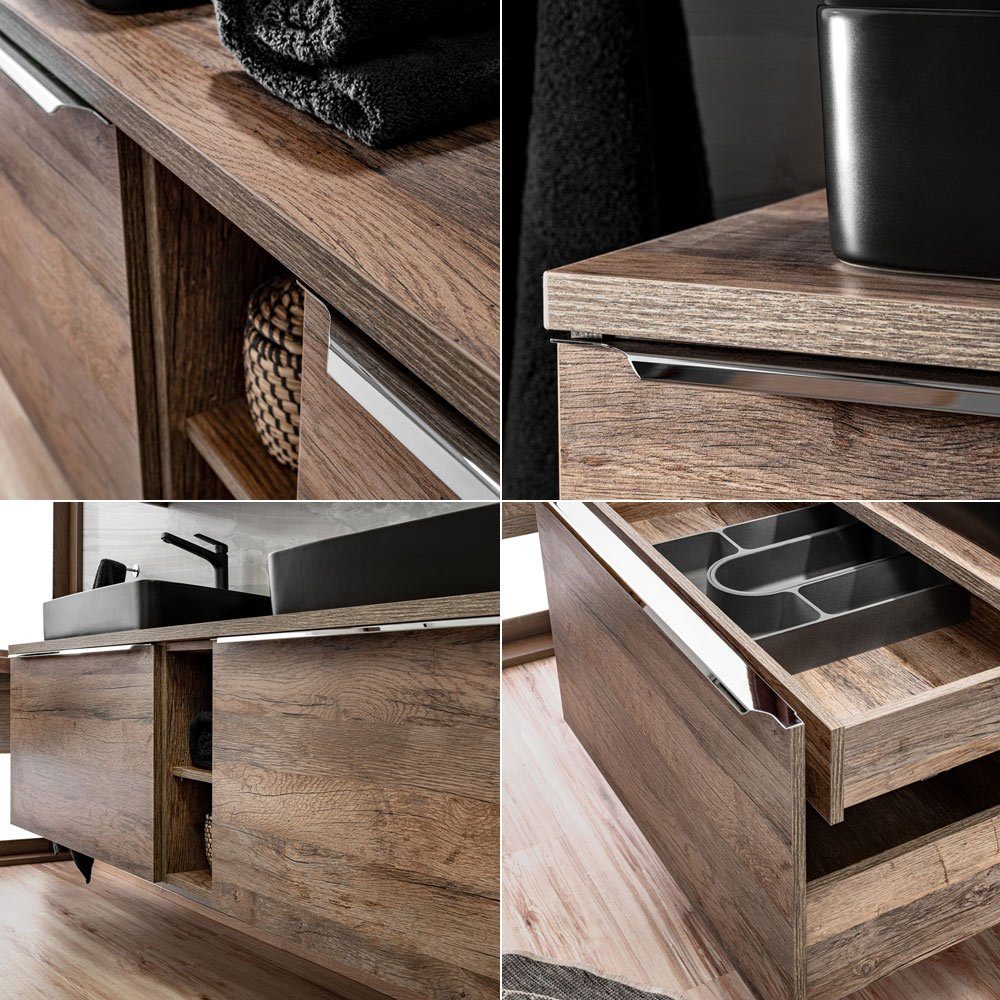 Lomadox Badmöbel-Set PUEBLA-56, (8-St), Oak Eiche Doppelwaschtisch Keramik-Waschbecken LED-Spiegel Hochschrank