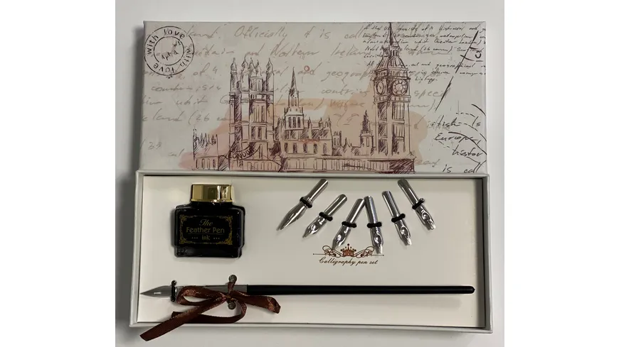 RHEITA Federhalter mit 6 Federn +1 Tintenfass in Geschenkverpackung