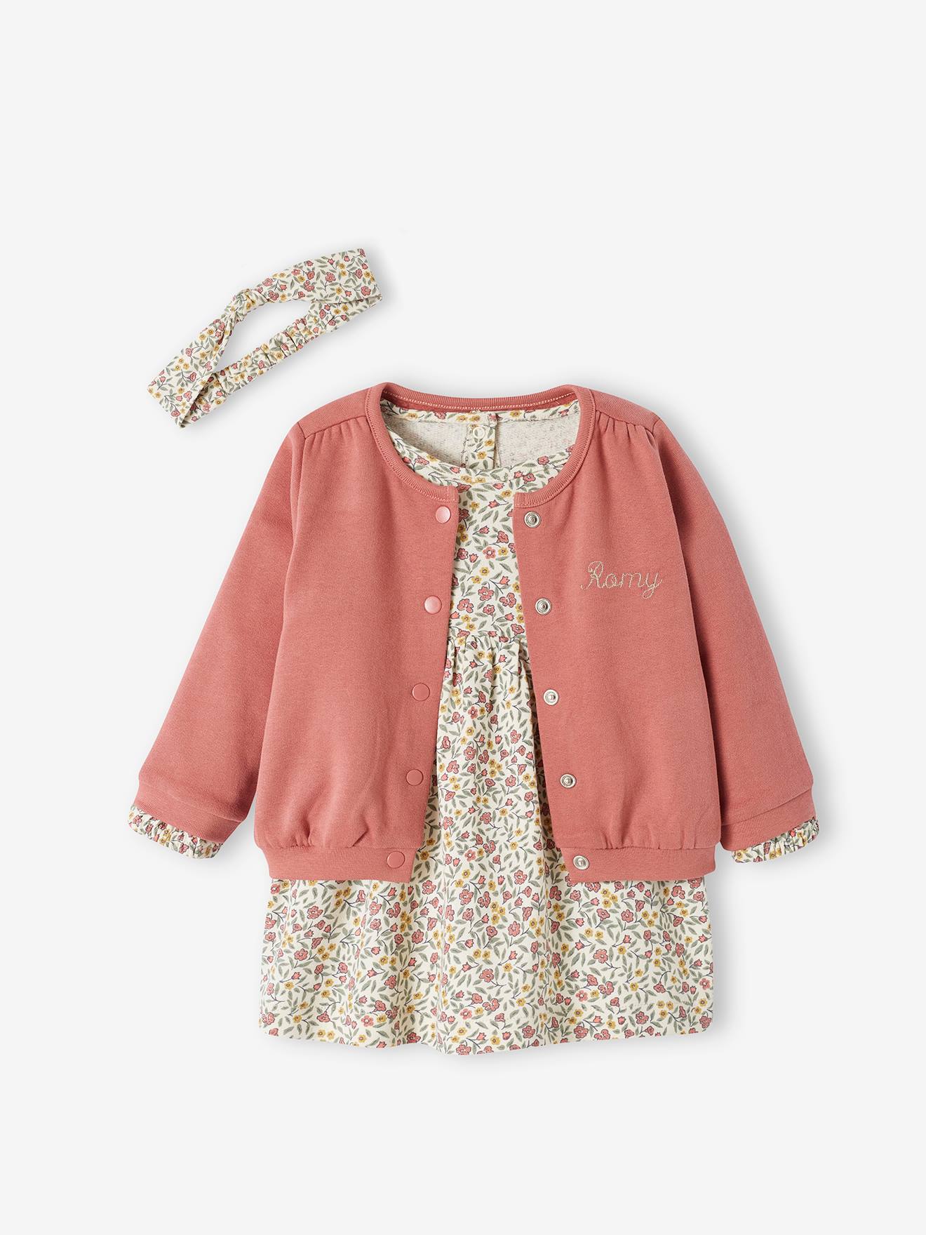 Ensemble 3 pièce robe + cardigan + bandeau bébé fille ivoire imprimé
