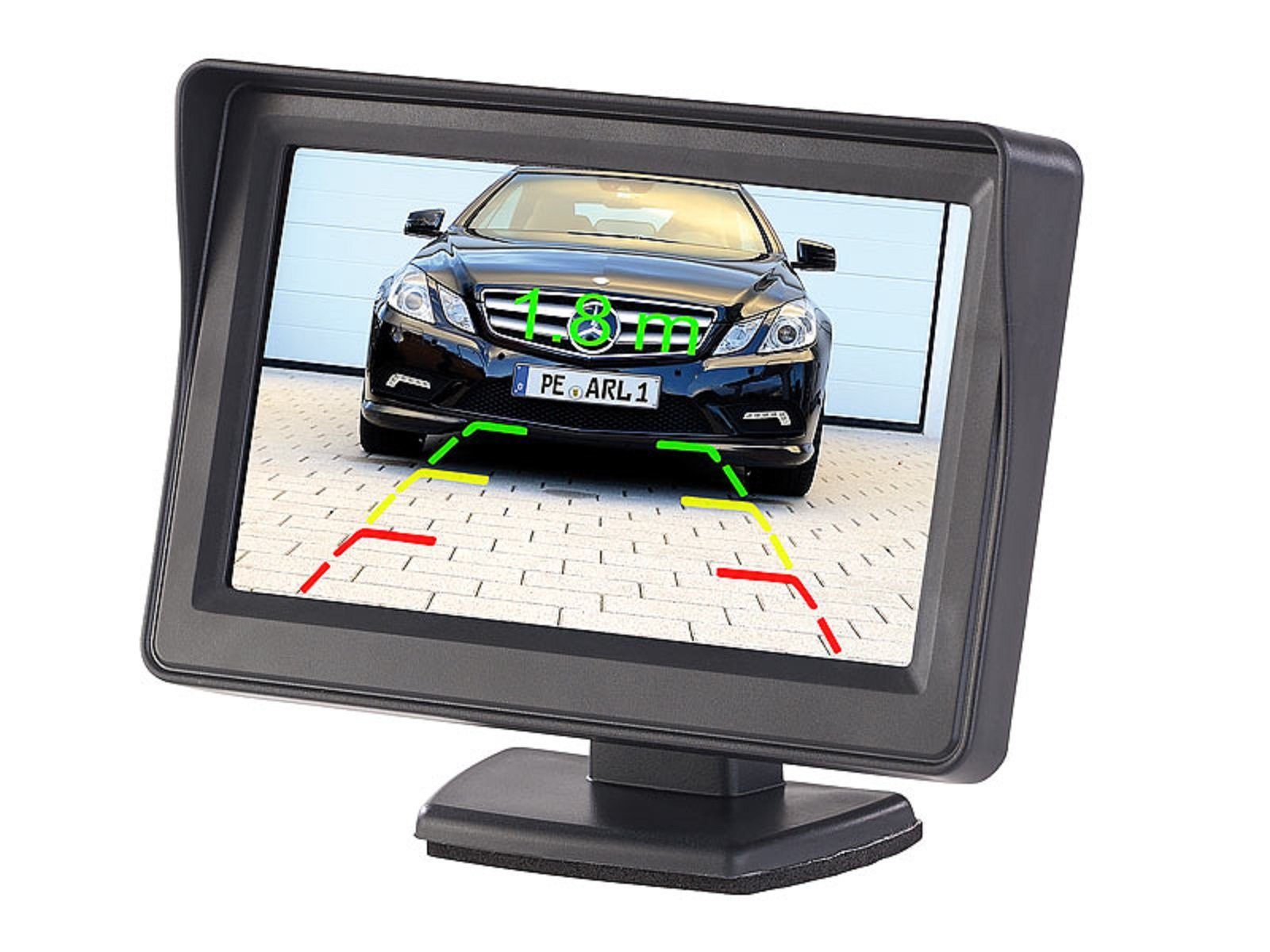 Lescars Lescars Funk-Rückfahrkamera 10,9-cm-TFT-Monitor Nummernschild Rückfahrkamera (480 x 272 Pixel, 2x Video-Cinch und Strom-Adapterstecker mit 45cm Länge, Übertragung via Funk, somit keine Kabelverlegung nach Vorne nötig)
