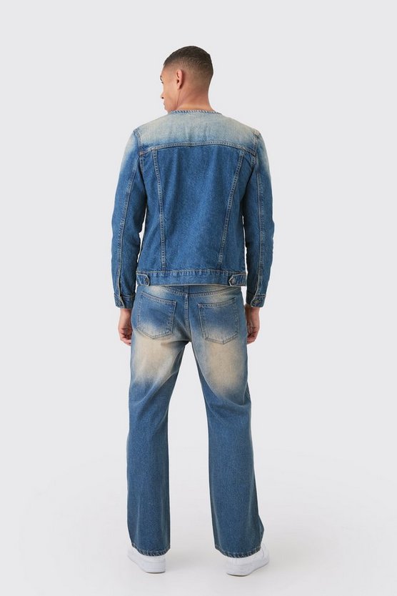 Kragenlose Jeansjacke in Antik-Waschung