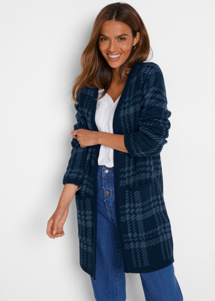 Karierte Strickjacke mit Taschen