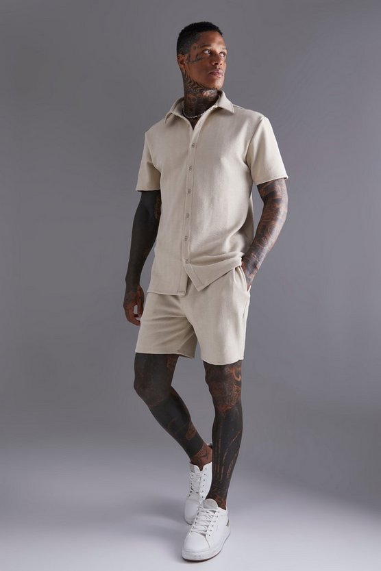 Kurzärmliges Jersey-Hemd & Shorts mit Fischgräten-Print