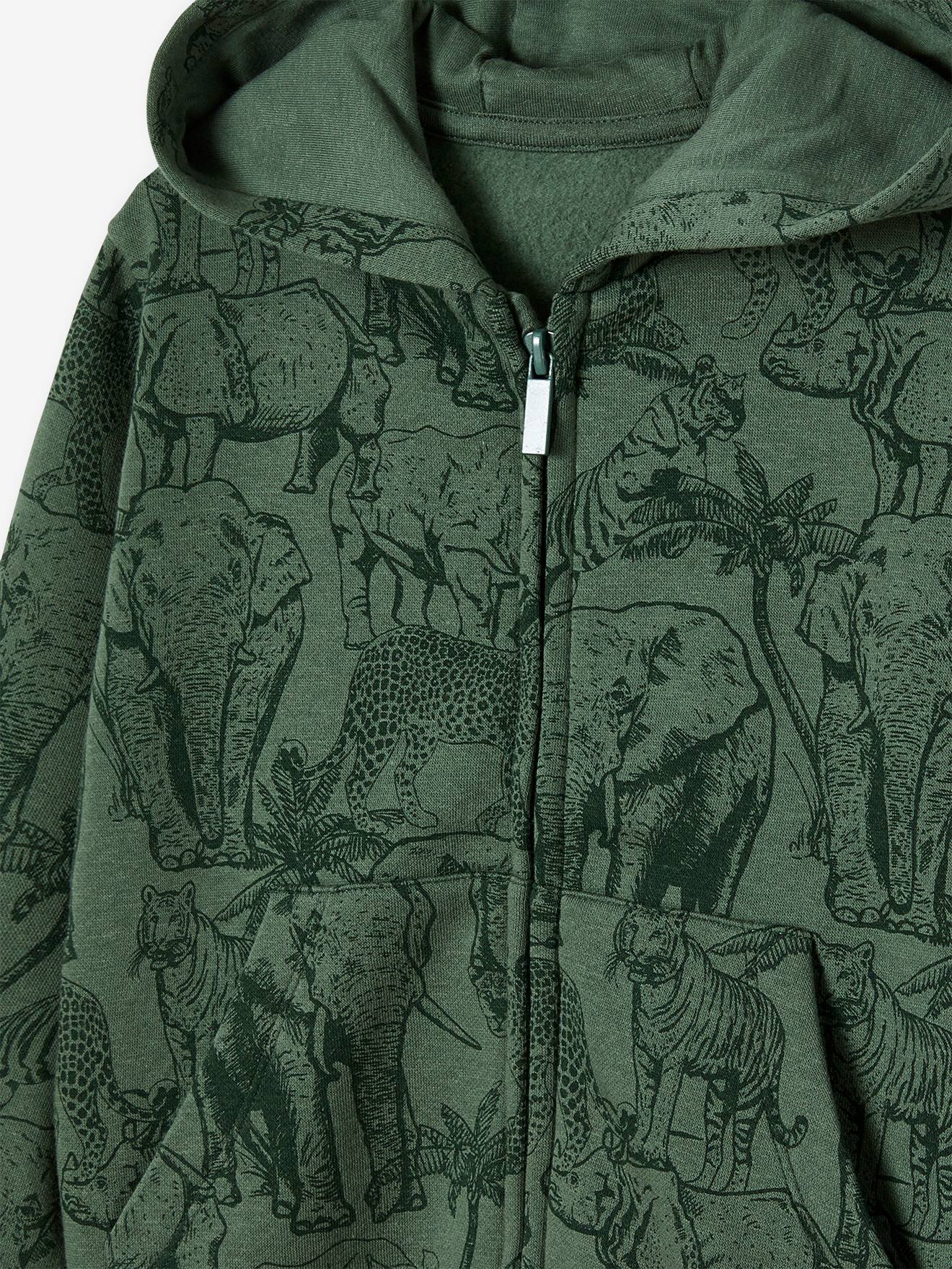 Sweat à capuche zippé motifs jungle garçon vert sauge