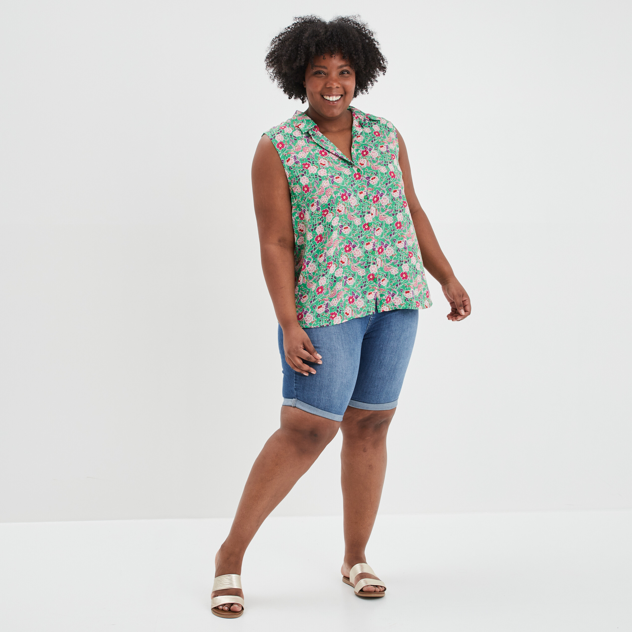 Bermuda straight en jean denim stone femme grande taille | La Halle