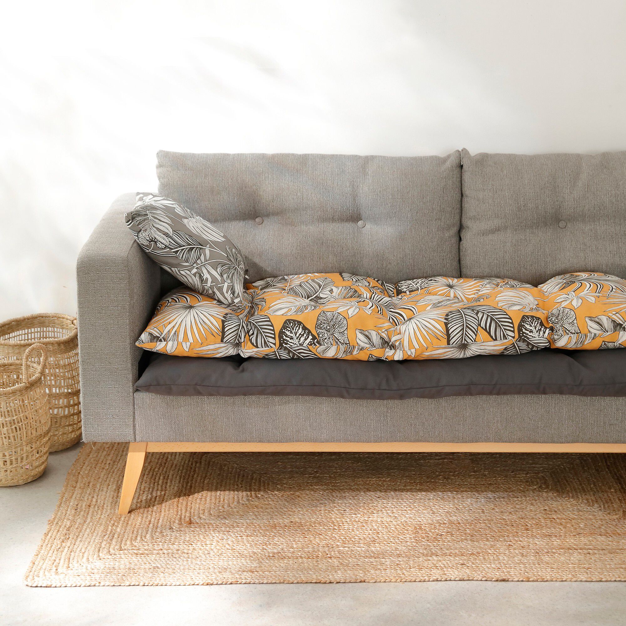Long coussin déco coton imprimé tropical