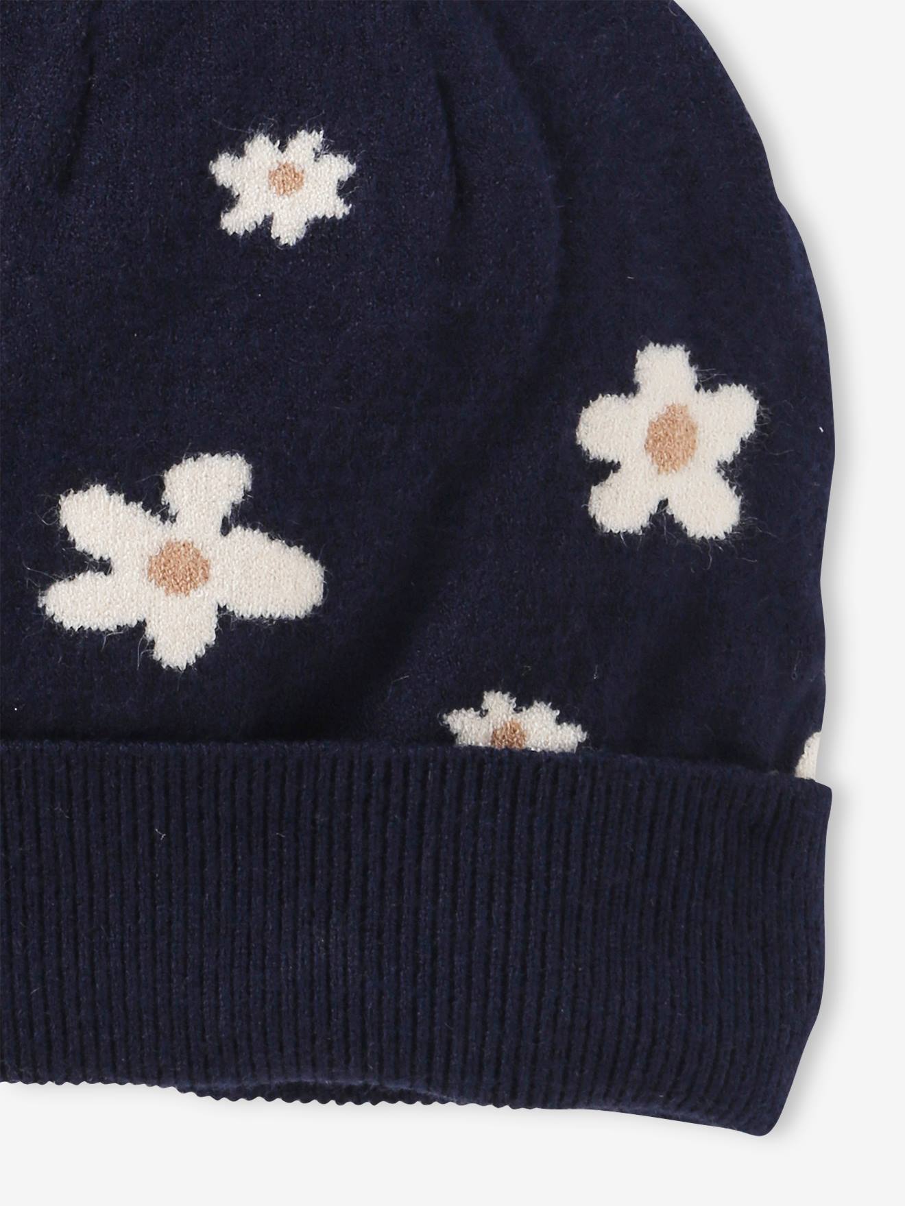 Vertbaudet Mädchen Mütze mit Jacquard-Blumen - marine
