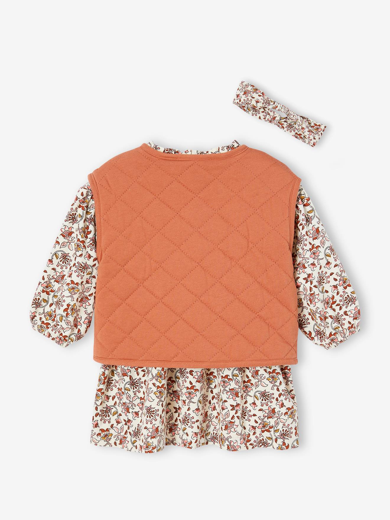 Ensemble 3 pièces bébé : gilet matelassé, robe et bandeau en velours bébé rouille