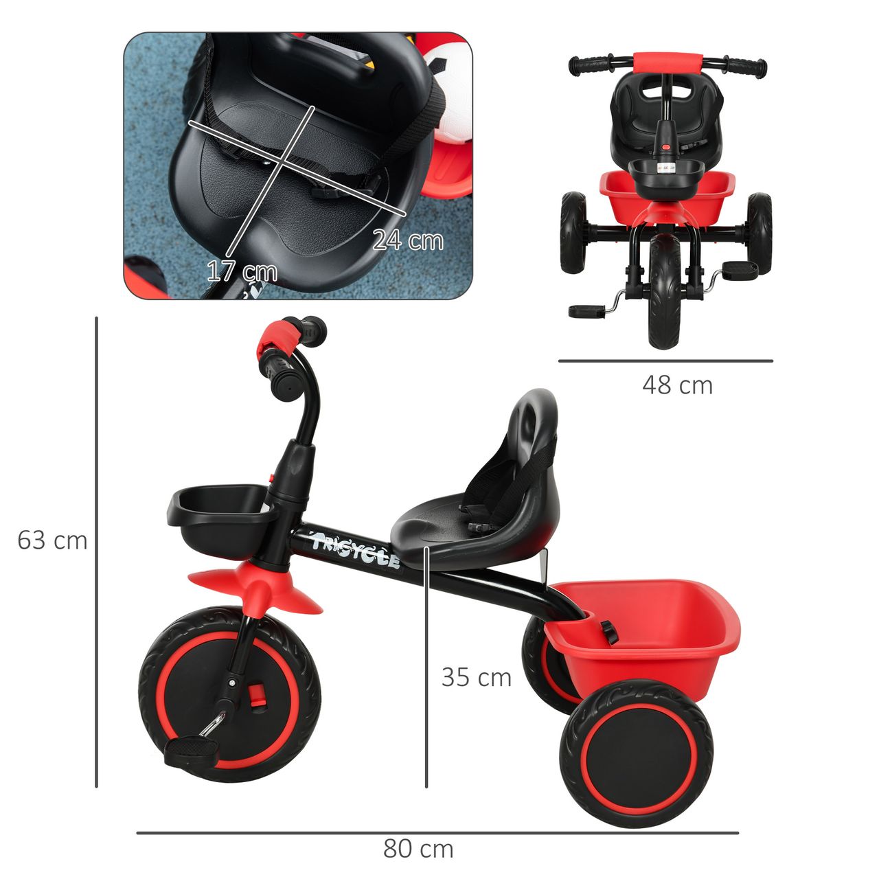 AIYAPLAY Dreirad Kinderfahrrad Kinderdreirad mit Beckengurt 2 Körben Schwarz Rot