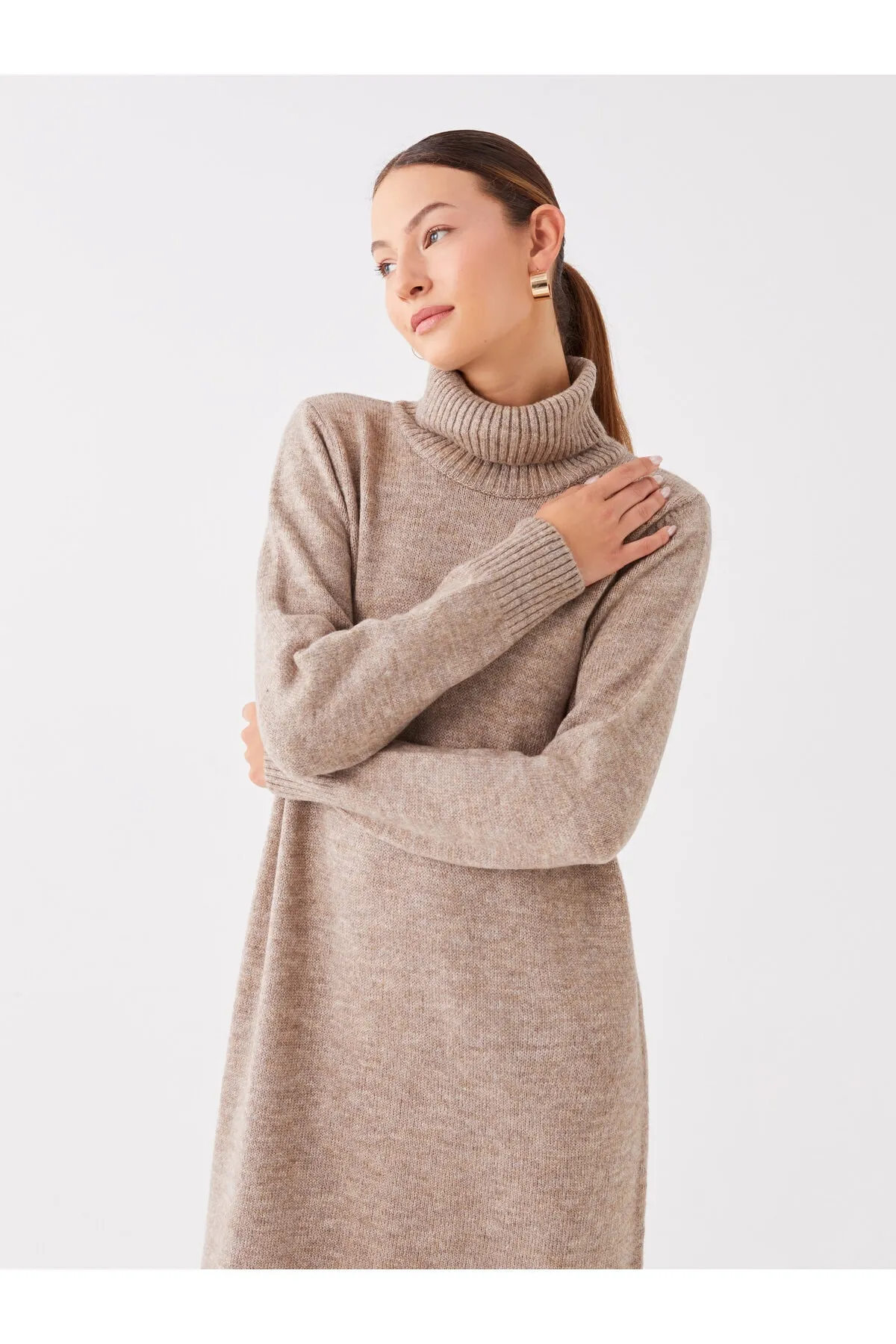 LC Waikiki  Rollkragenpullover, gerades Langarm-Strickkleid für Damen in Übergröße