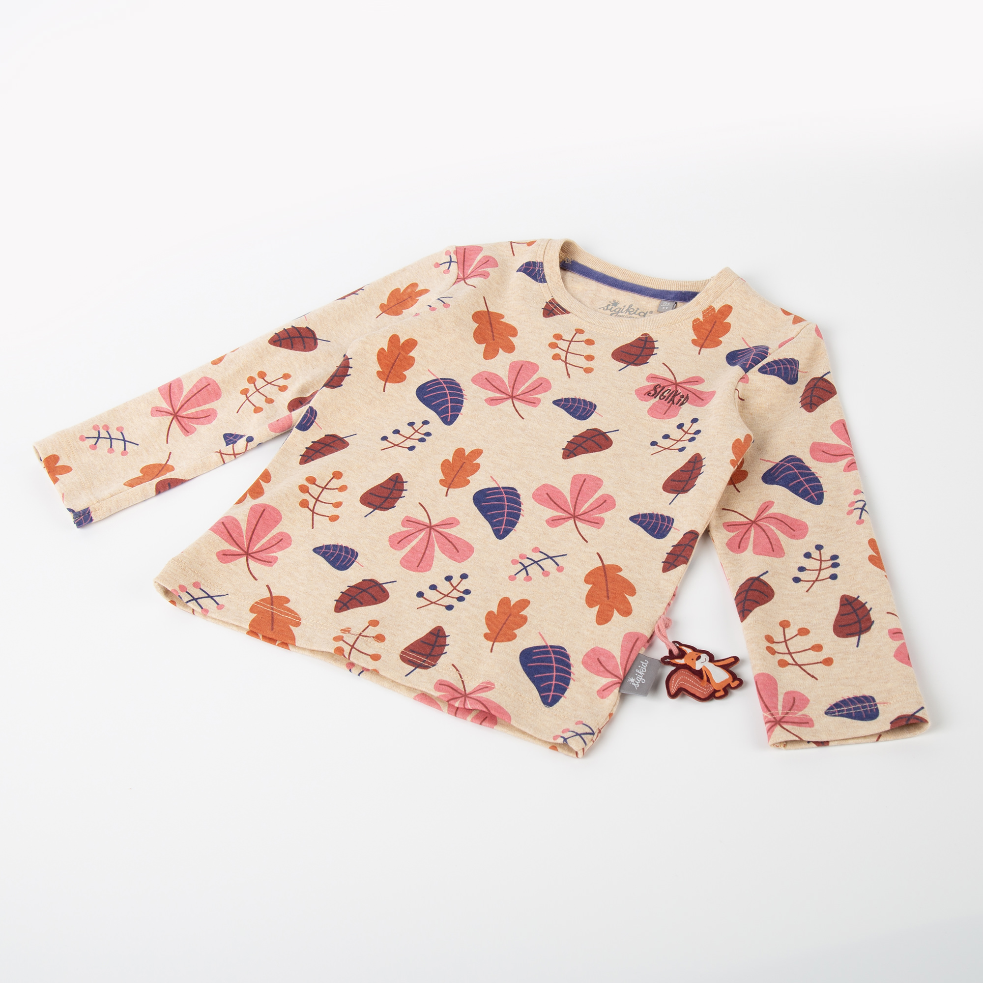Kinder Langarmshirt, beige mit buntem Blätterprint