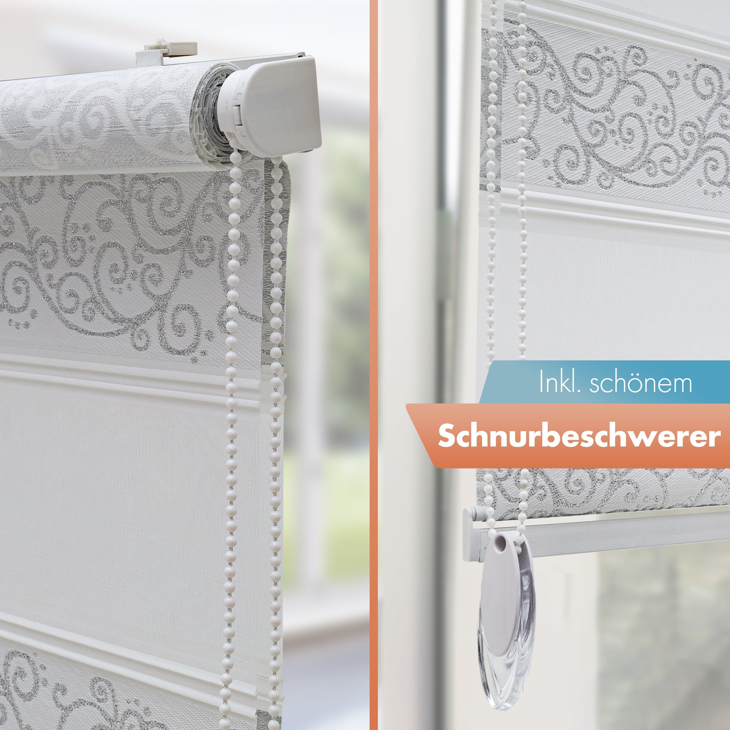Doppelrollo mit Motiv, Duo Rollo, Fensterrollo, Klemmrollo, Bailena, Lichtschutz, ohne Bohren, freihängend, Klemmfix, gemustert, glitzernd, Rankenmuster, Blumenmuster