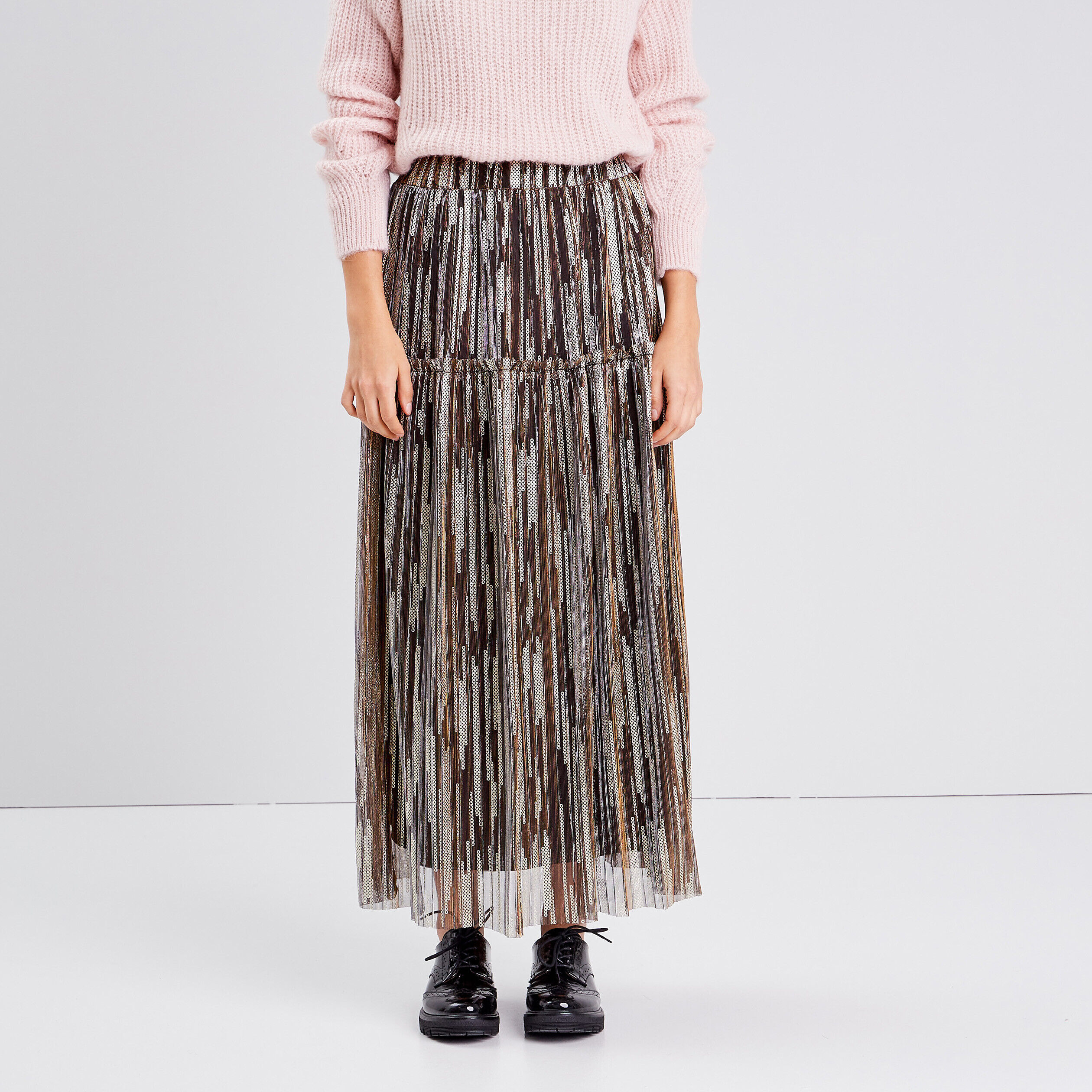 Jupe midi évasée taille haute couleur or femme | Cache Cache
