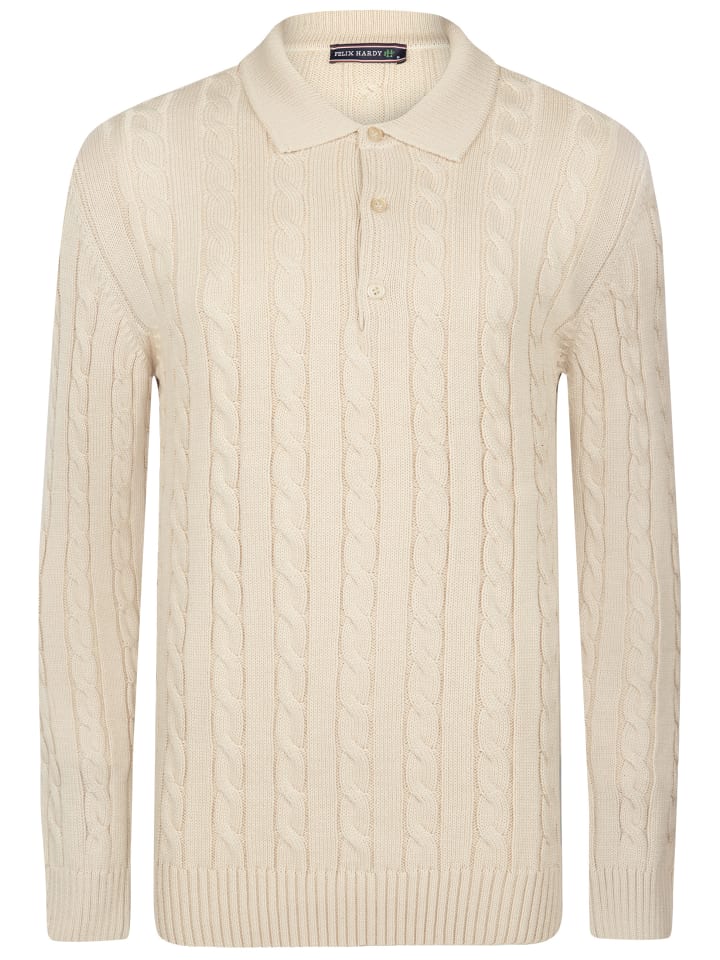 Felix Hardy Grobstrick Zopfmuster Langarm Polo Pullover in Beige günstig kaufen