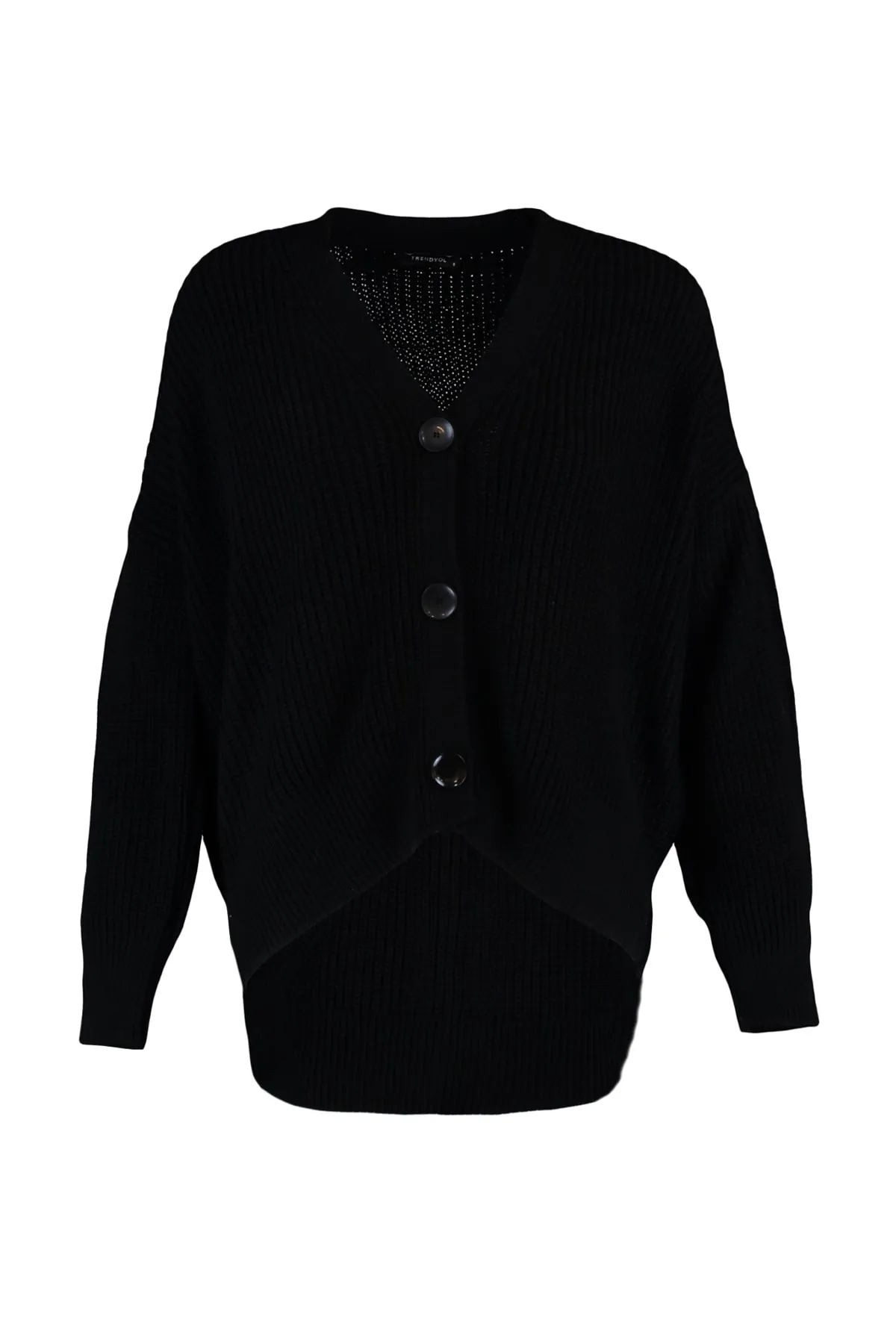 Trendyol Collection  Schwarzer Strickcardigan mit V-Ausschnitt und weiter Passform TWOAW20HI0215