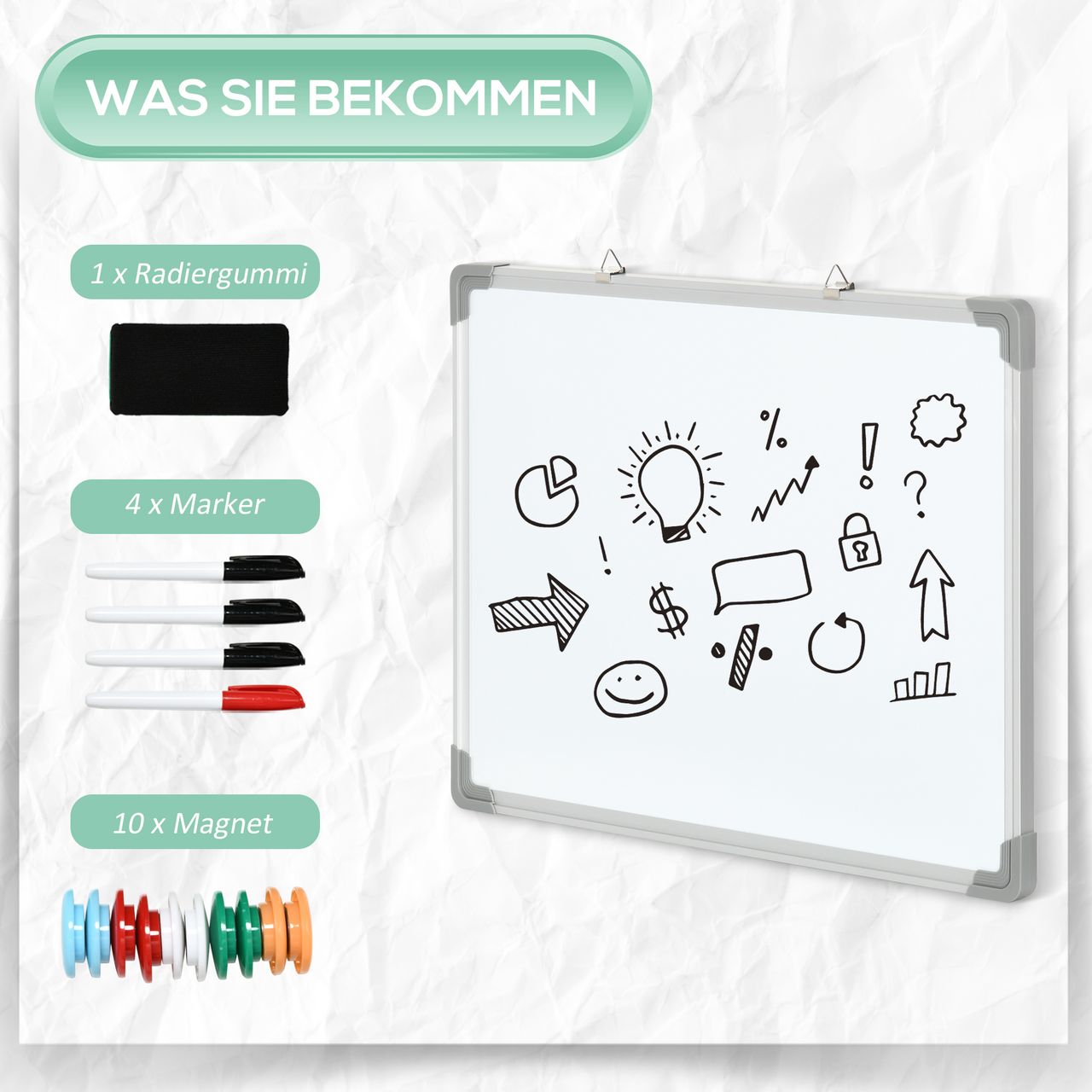 HOMCOM Whiteboard Magnetisch Magnettafel mit 4 Markern 1 Radiergummi 10 Magnet Staffelei Wandmontage leicht abwischbar 60 x 1,8 x 45 cm