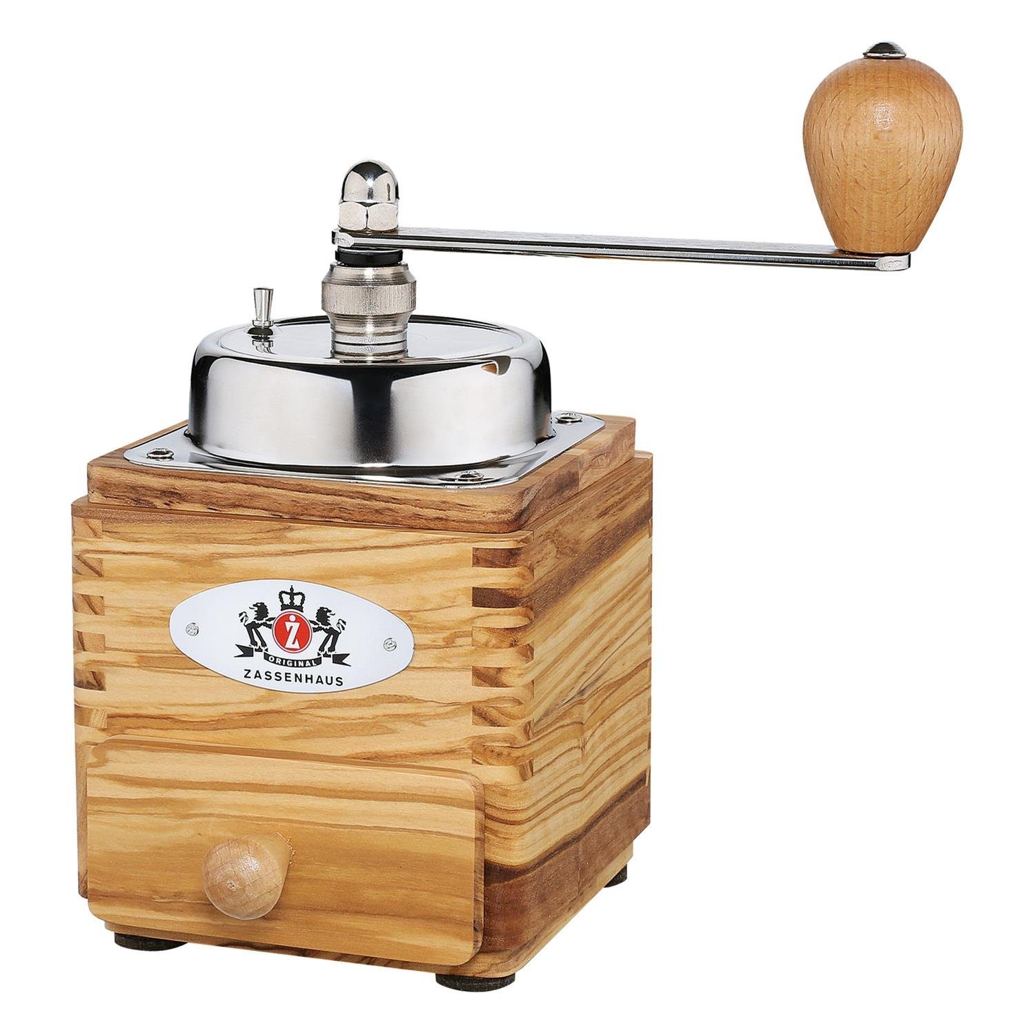 ZASSENHAUS Kaffeemühle Montevideo Olivenholz - Handmühle Handkaffeemühle, Kegelmahlwerk, 50 g Bohnenbehälter, Manuell, Mahlgrad stufenlos einstellbar