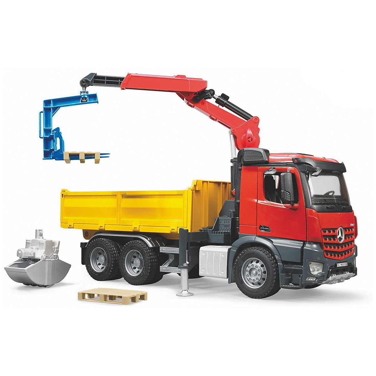 Bruder 3651 Profi-Serie MB Arocs Baustellen-LKW mit Kran, Schaufelgreifer, Palettengabeln und 2 Paletten 1:16