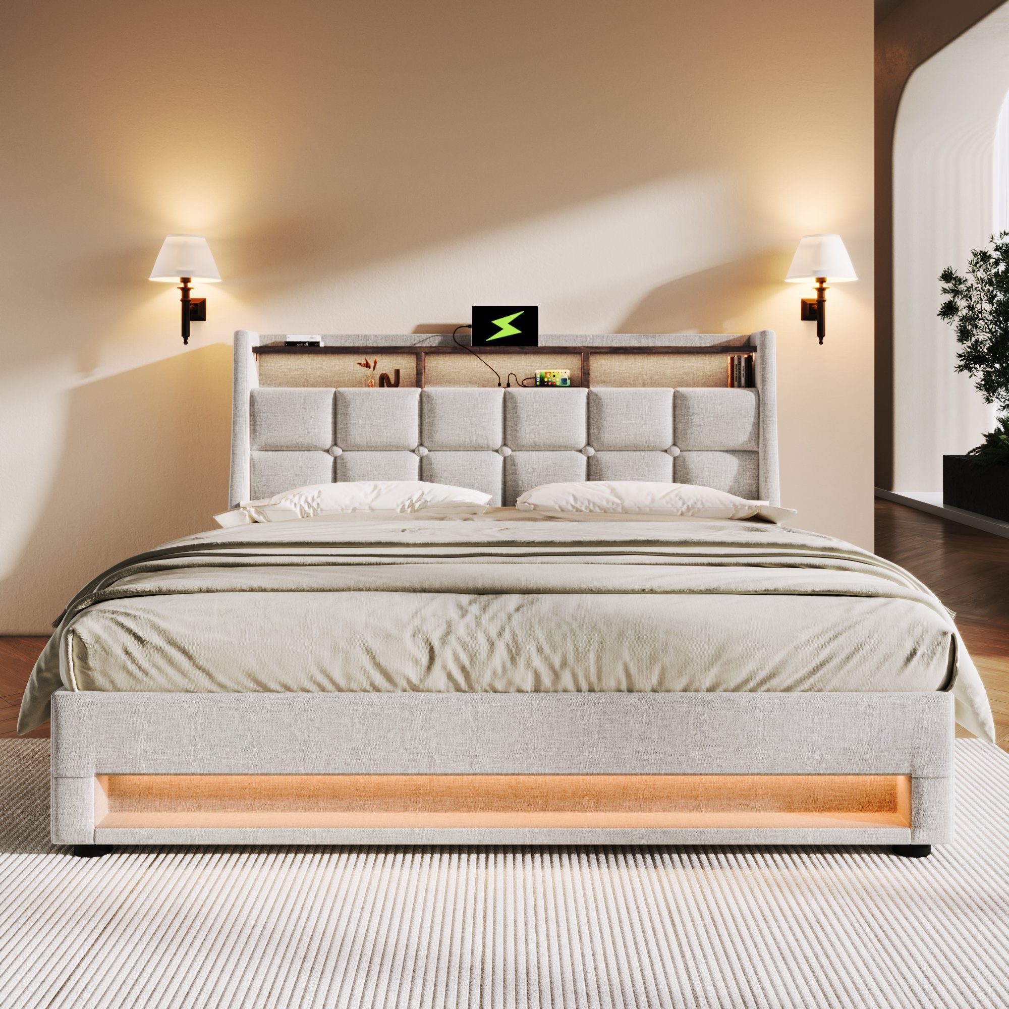 WISHDOR Polsterbett Bett (LED Doppelbett Jugendbett mit USB/Typ-C Ladeanschluss), 180x200cm,Ohne Matratze