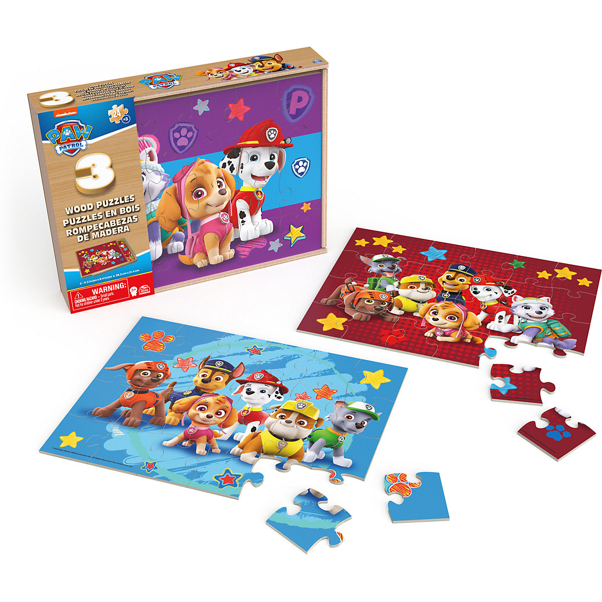 Paw Patrol, 3-Holzpuzzle-Sammlung 24-teilige Kinderpuzzles mit tragbarer Holzbox zur Aufbewahrung, Chase, Marshall, Skye, Rubble, für Vorschulkinder