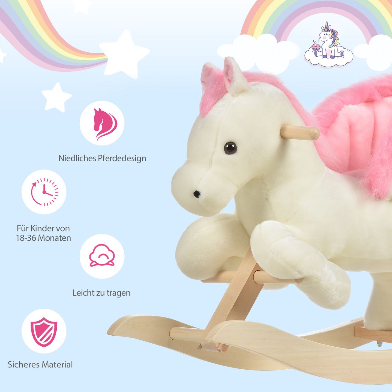 HOMCOM Kinder Schaukelpferd Baby Schaukeltier Pferd mit Tiergeräusche Spielzeug Haltegriffe für 18-36 Monate Plüsch Weiß Rosa 70 x 28 x 57 cm