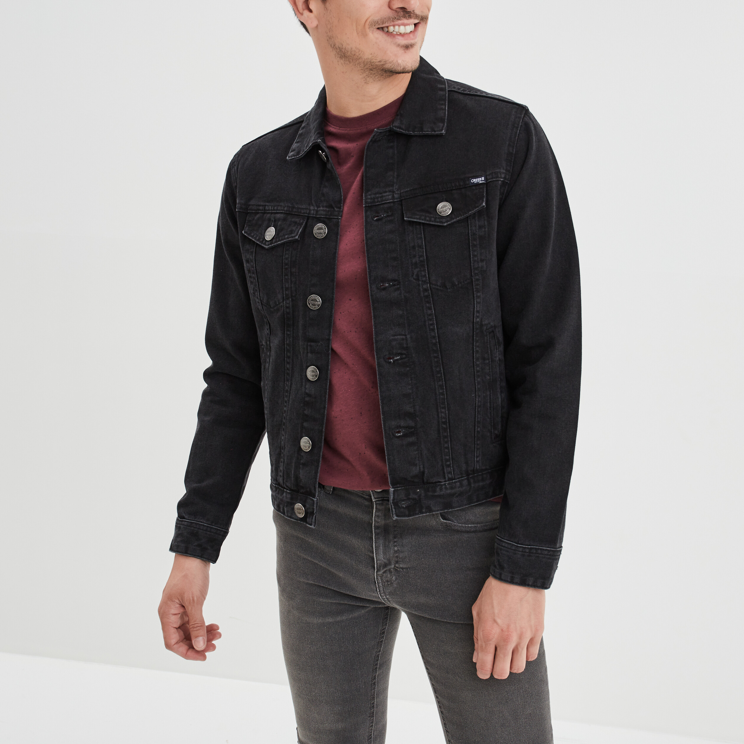 Veste droite boutonnée en jean Creeks denim noir homme | La Halle
