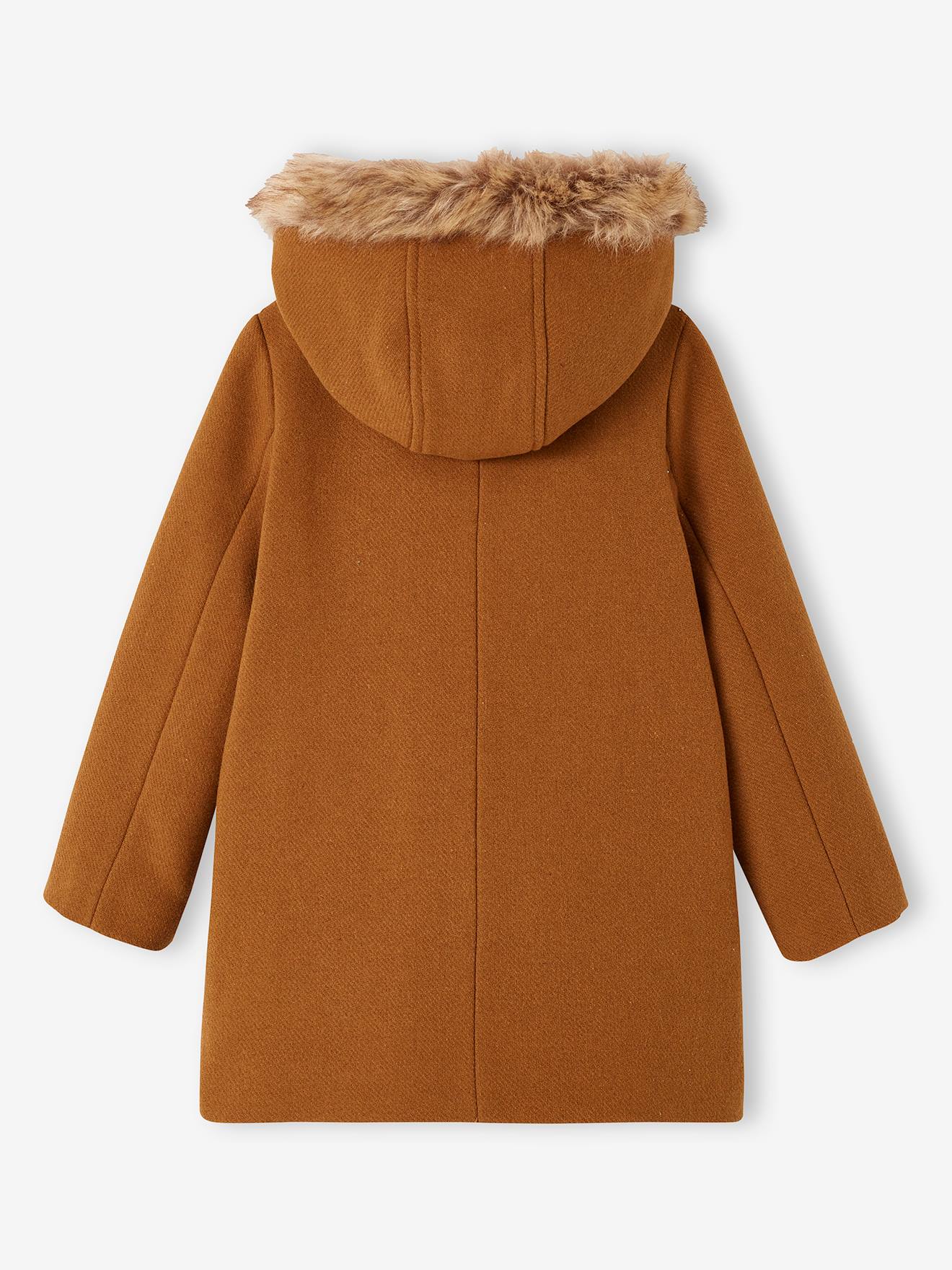 Duffle-coat à capuche en drap de laine fille fermeture par brandebourgs encre
