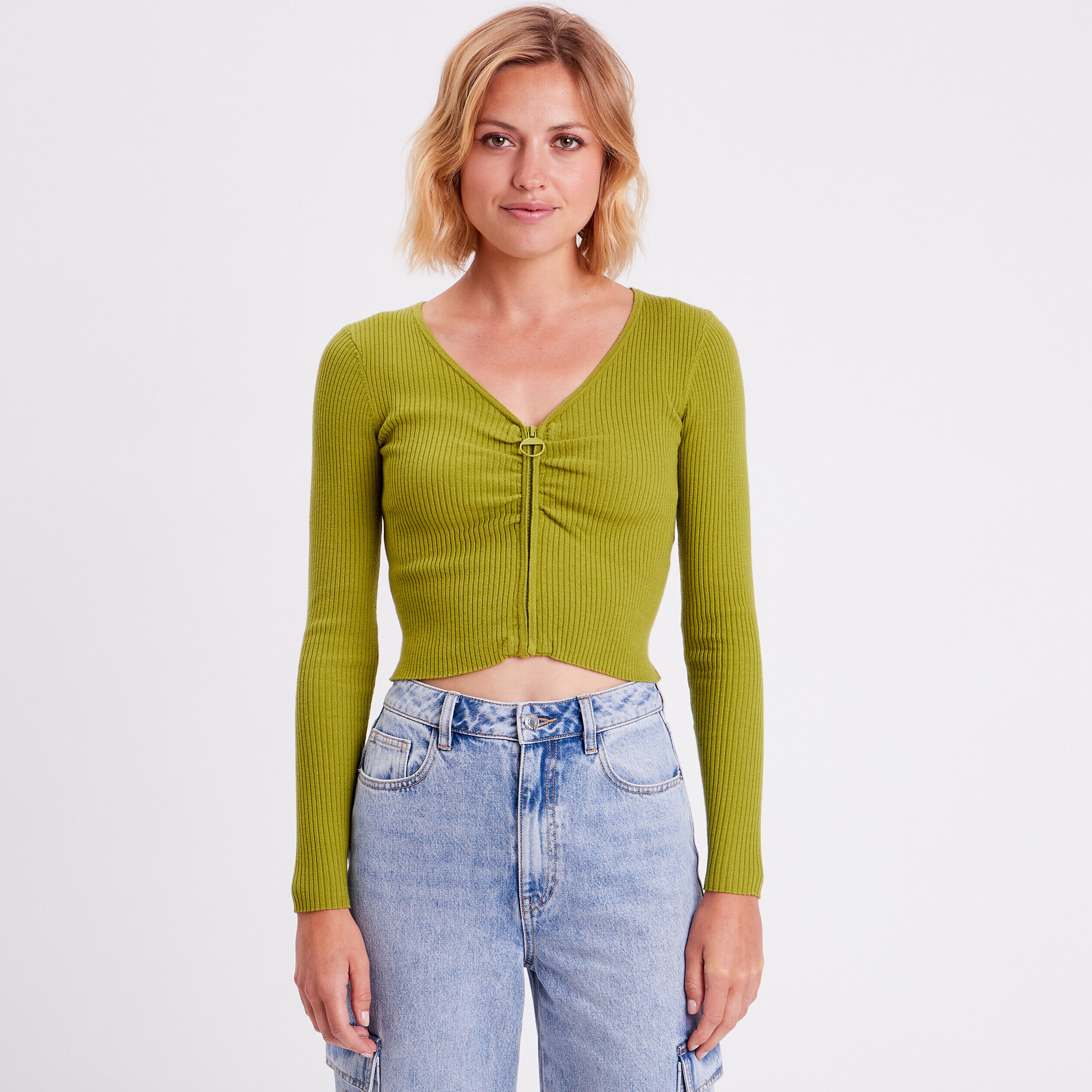 Gilet crop top côtelé zippé vert kaki femme | Cache Cache