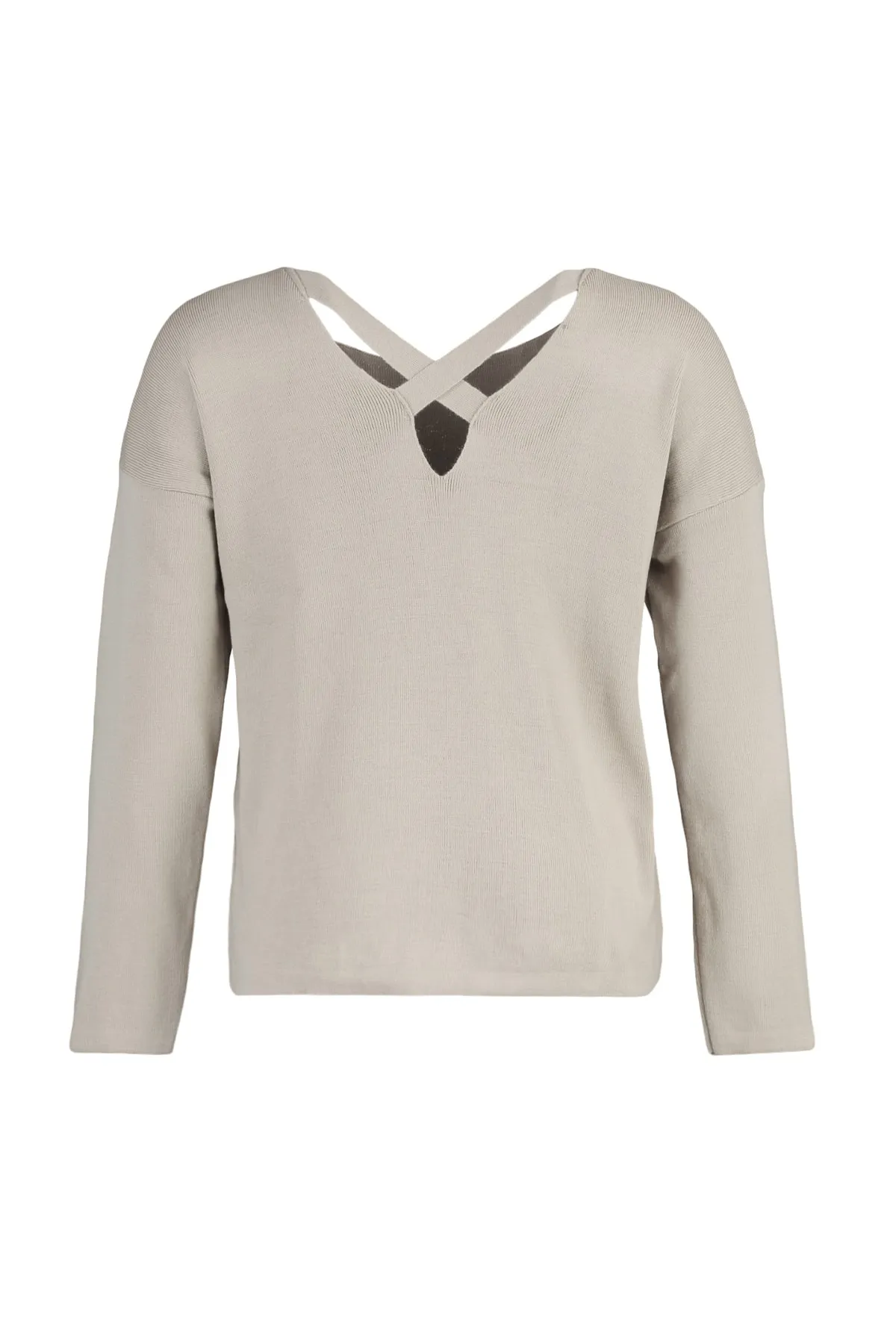 Trendyol Curve  Beigefarbener Strickpullover mit Kreuzbanddetail auf der Rückseite