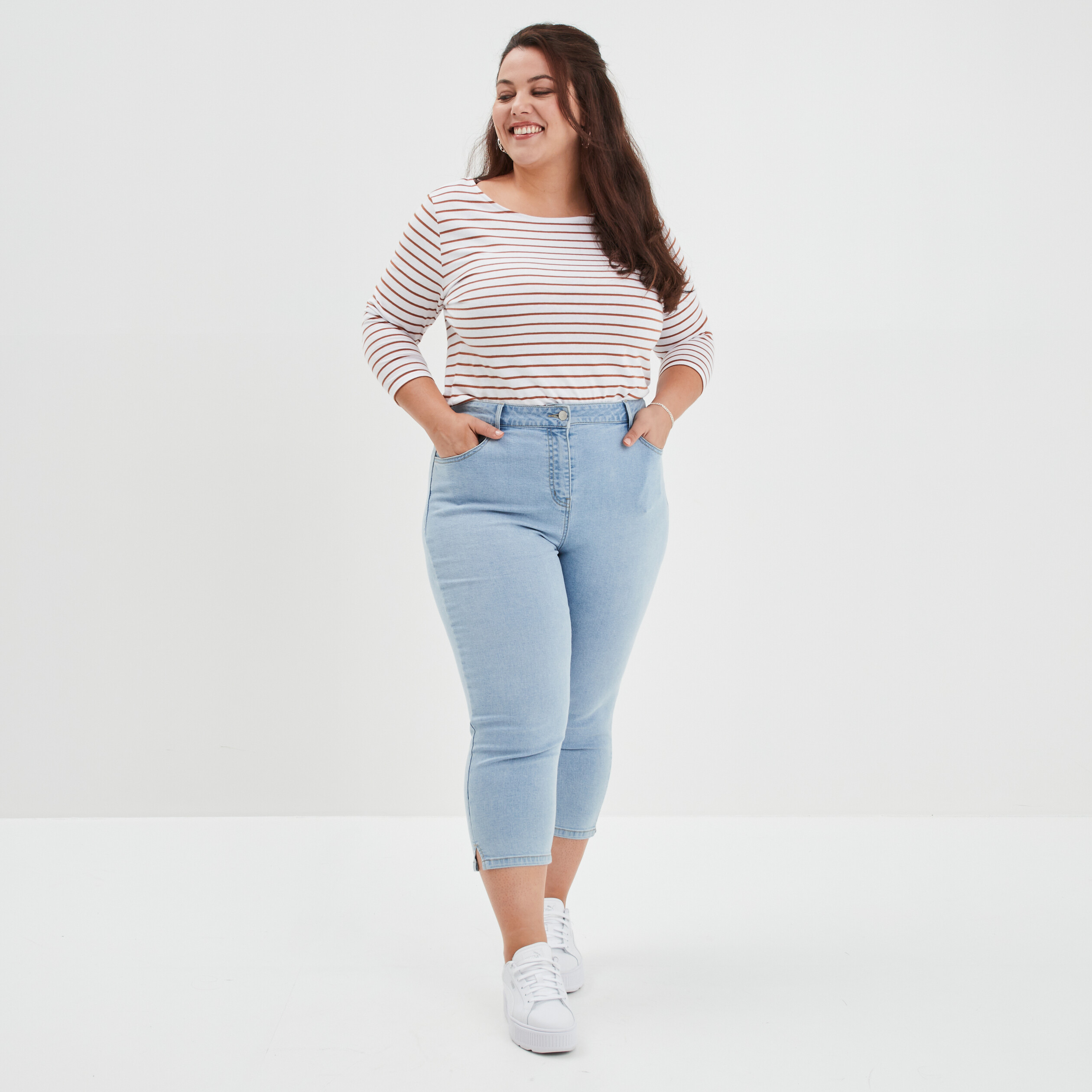 T-shirt marinière col rond manches 3 4 ecru femme grande taille | La Halle
