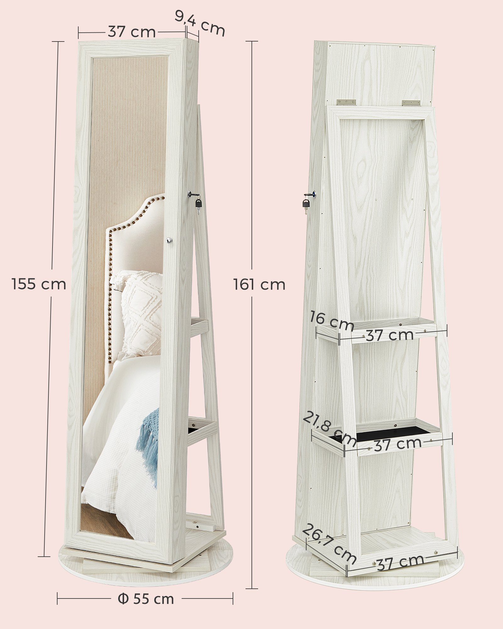 SONGMICS Schmuckschrank Spiegelschrank Schlüsseln, Geschenkidee, 3 Ablagen