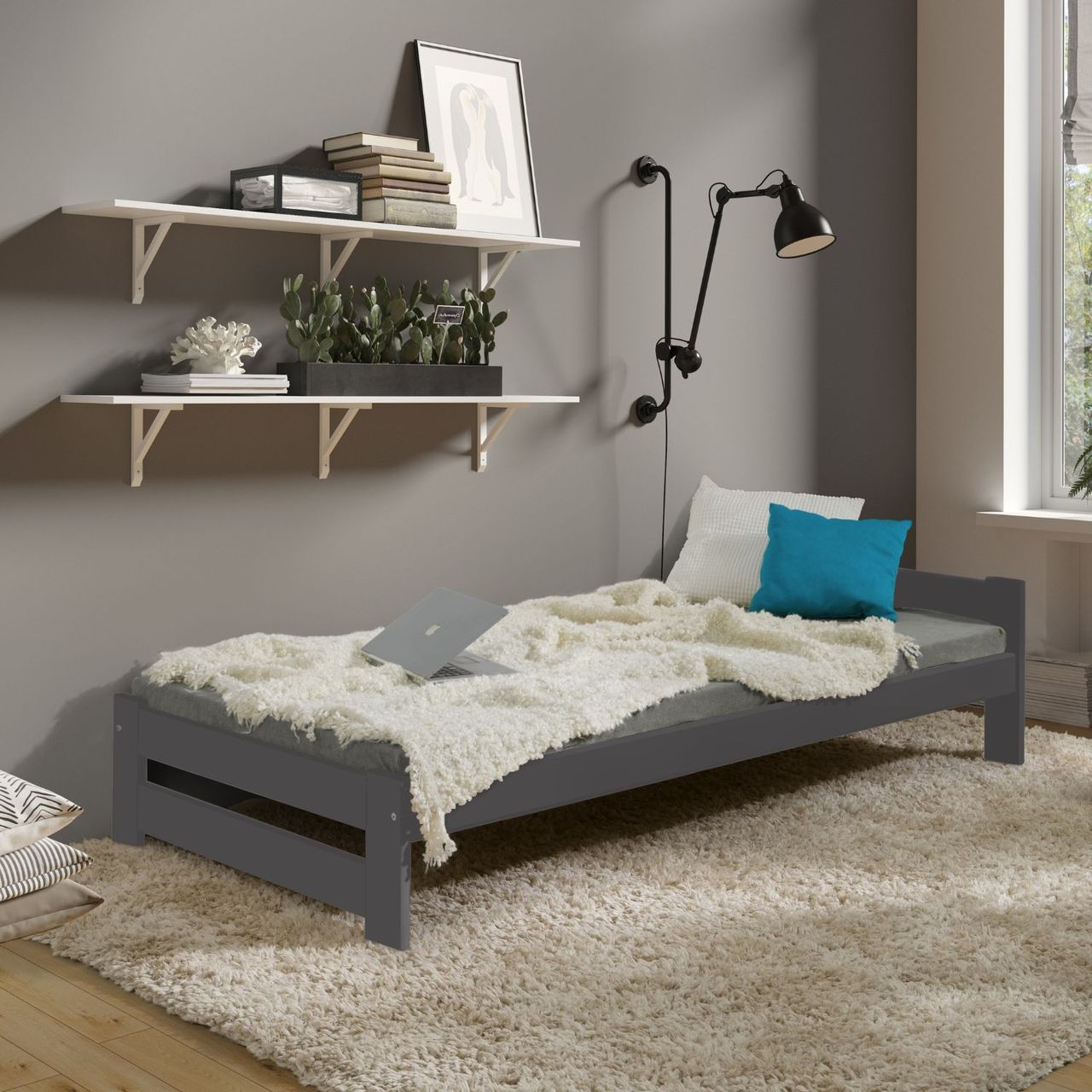 Coemo Bett Classico Holzbett Bettgestell mit Lattenrost Massivholz Kiefer 80 x 200 cm anthrazit