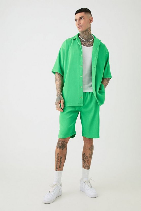 Tall kurzärmliges Oversize Hemd & Shorts in Grün