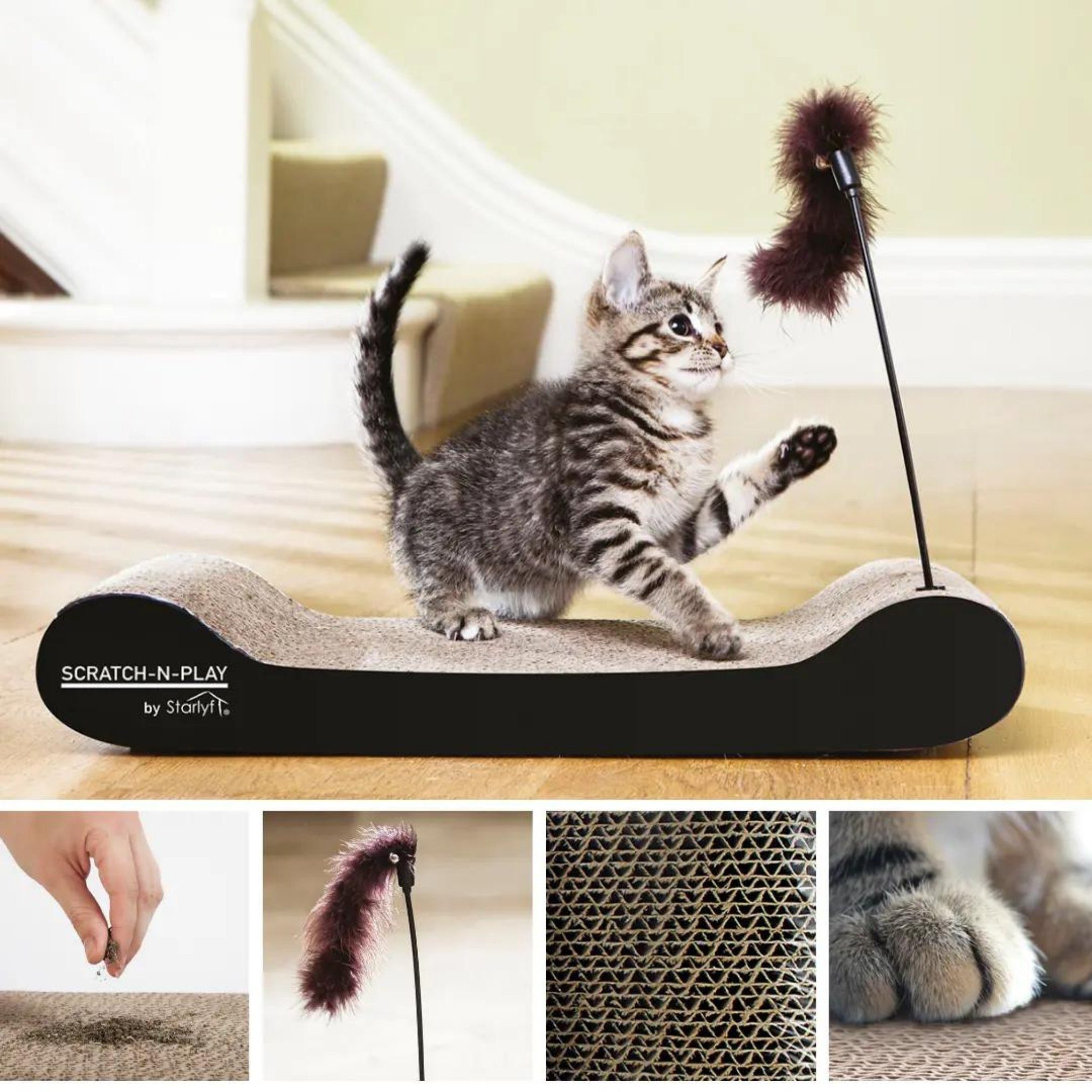 Starlyf Kratzpappe Cat Scratch N Play, (Spar Set, 1-tlg., 1er, 2er oder 4er Pack), Kratzmatte aus Pappe, umweltfreundlich, langlebig, mit Feder