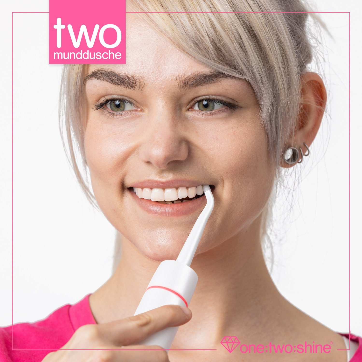 one:two:shine Reise-Munddusche TWO, klein, leicht, kabellos & elektrisch für Urlaub & Reise, mit, Aufsätze: 3 St., zur effektiven Zahnzwischenraumreinigung