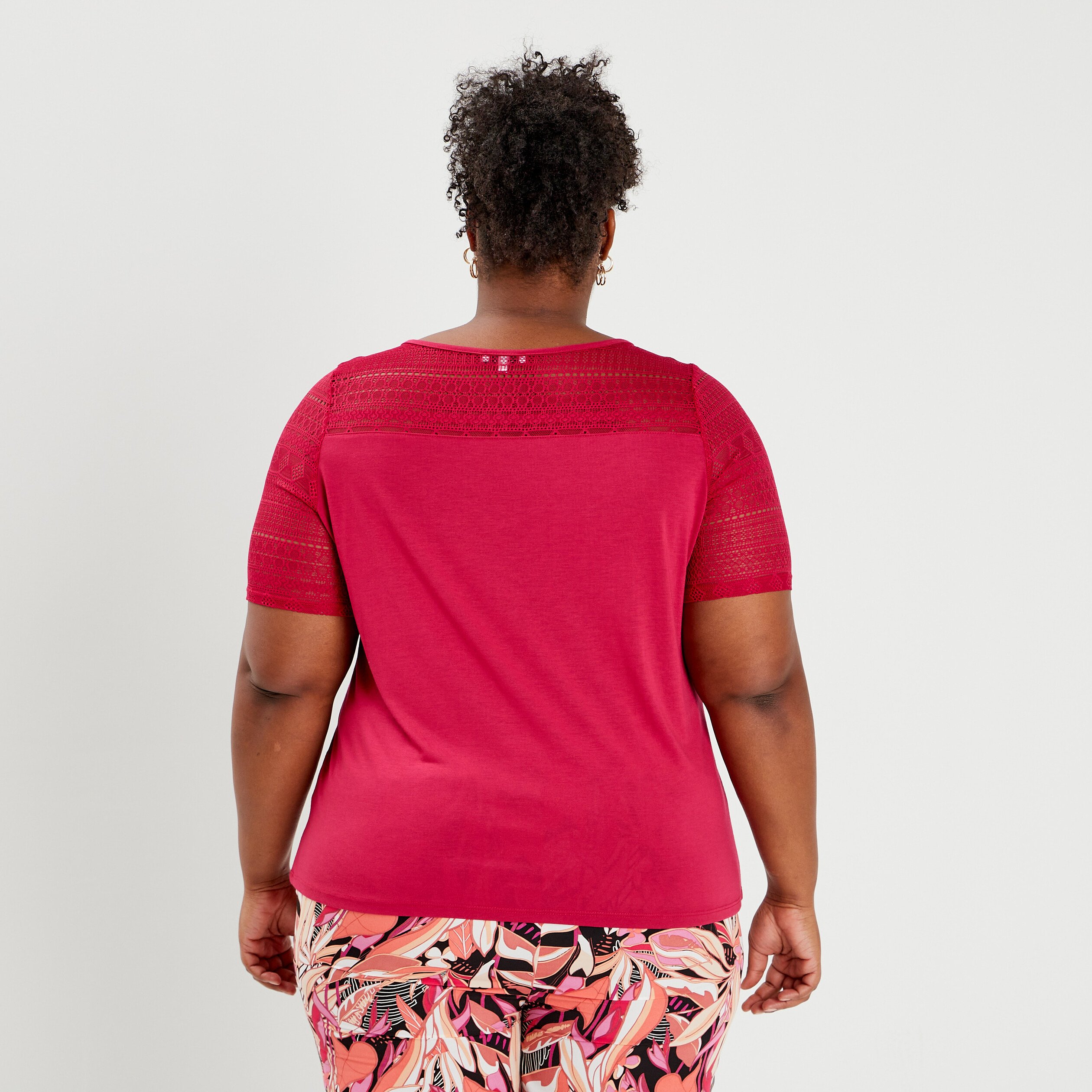T-shirt manches courtes en dentelle rose framboise femme grande taille | La Halle