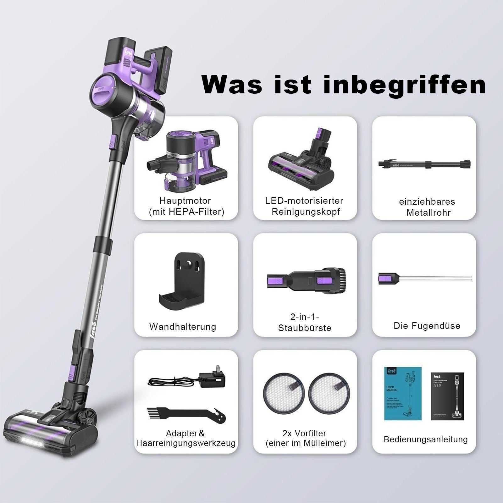 INSE Akku-Hand-und Stielstaubsauger Akku-Stielstaubsauger 33kPa,Akku-Staubsauger 350W, Akku-Staubsauger
