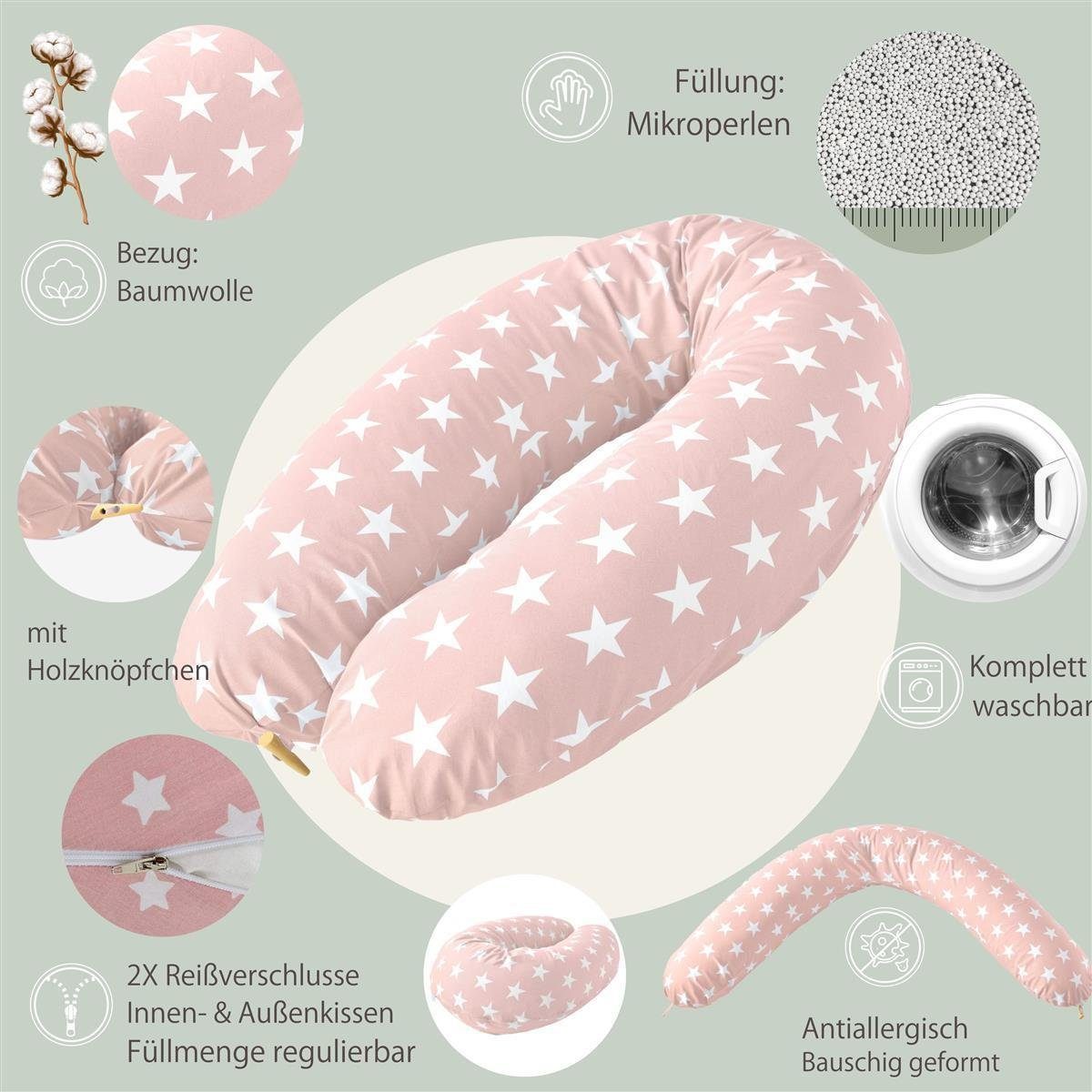 SEI Design Stillkissen Seitenschläferkissen Babynestchen mit EPS Mikroperlen, Schwangerschaftskissen mit Bezug, Bezug 100% Baumwolle