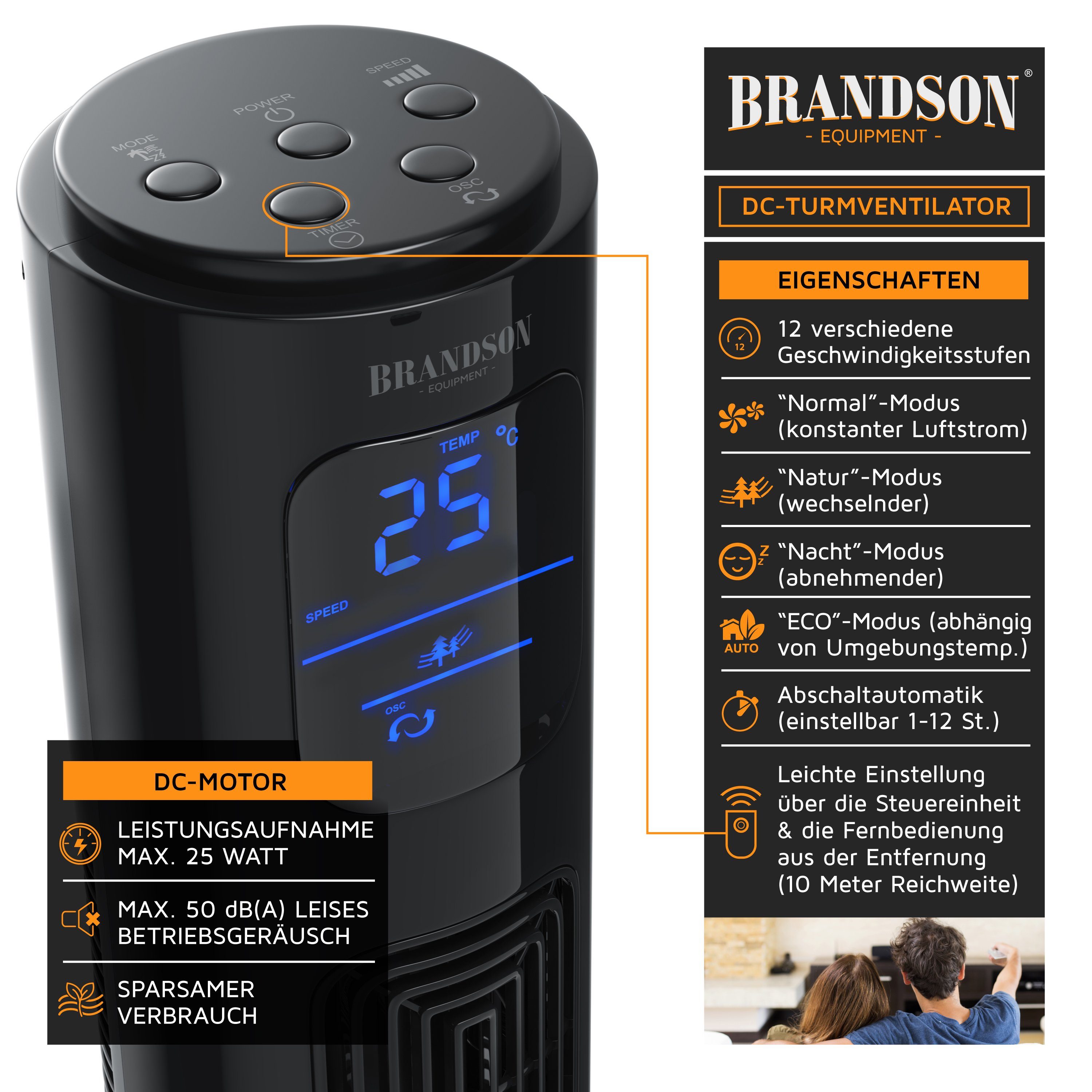 Brandson Turmventilator, 12 Geschwindigkeiten, DC, ECO, Timer, Oszillation, Fernbedienung