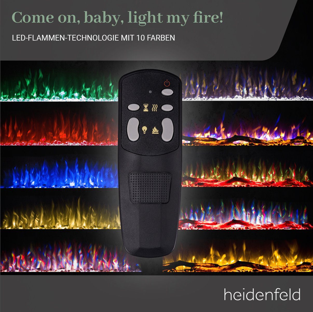 Heidenfeld Elektrokamin Kamin Heizung Wandkamin HF-WK300 750/1500 Watt inkl. 3 J. Garantie, 3D Flammen - 10 wählbare LED Farben - Fernbedienung - Elektroheizung