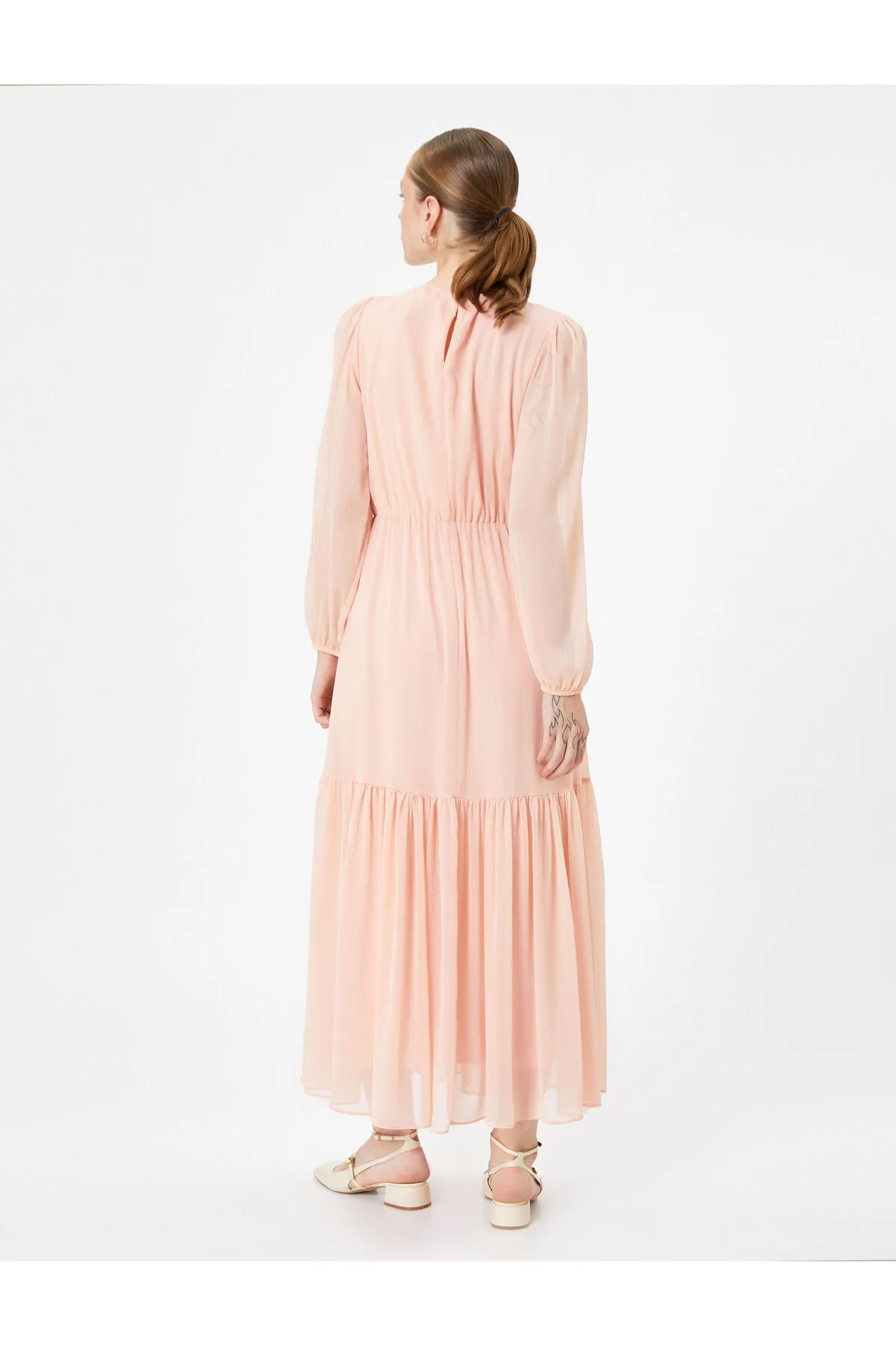 Koton  Chiffon-langes Kleid, Ballonärmel, Rüschen, Rundhalsausschnitt