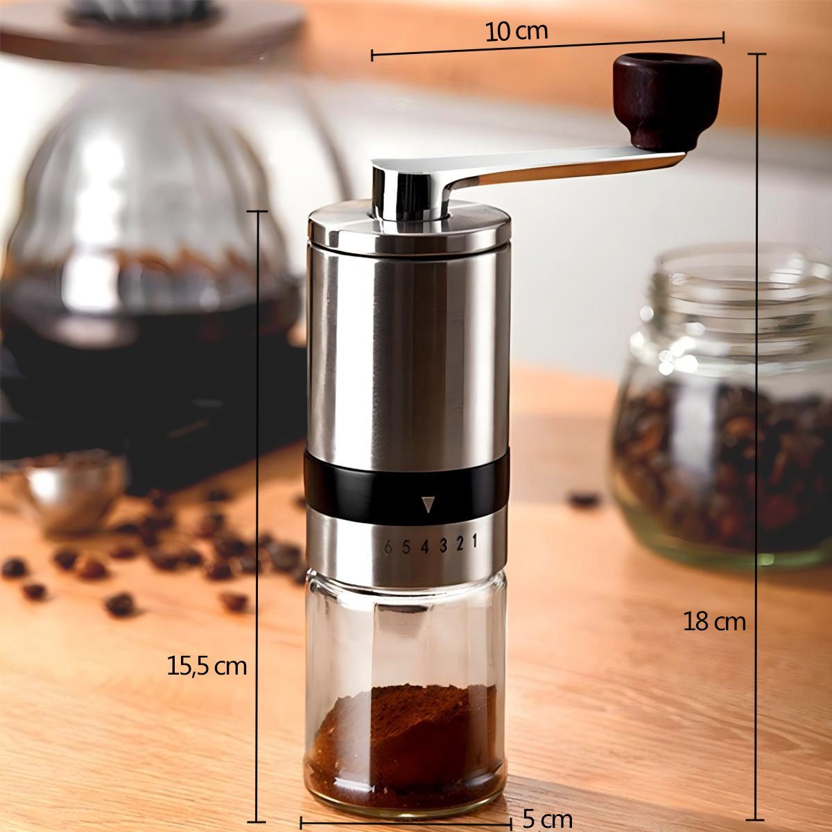 HYIEAR Kaffeemühle Manuelle, 6 Verstellbarer Mahlgrad, Edelstahl und Glas, Keramikmahlwerk, 15,00 g Bohnenbehälter, inkl. Siebträgeradapter und Reinigungspinsel